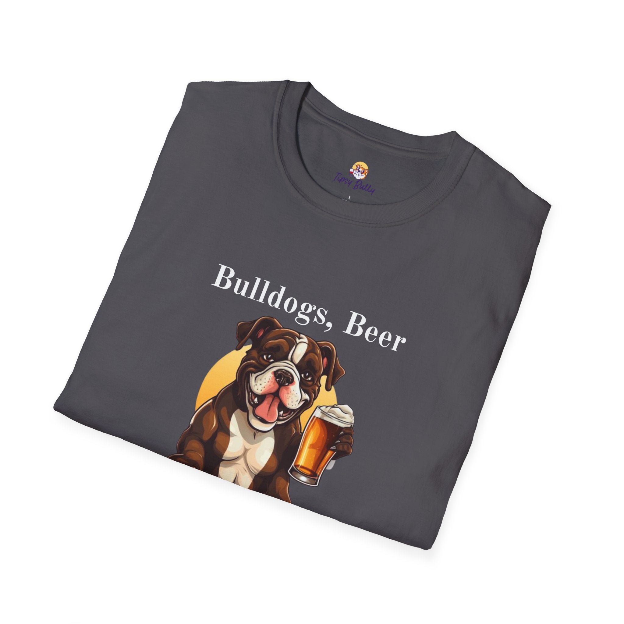 Bulldogs, Beer, and Bad Decisions" Unisex T-Shirt by Tipsy Bully (American/Brown)
