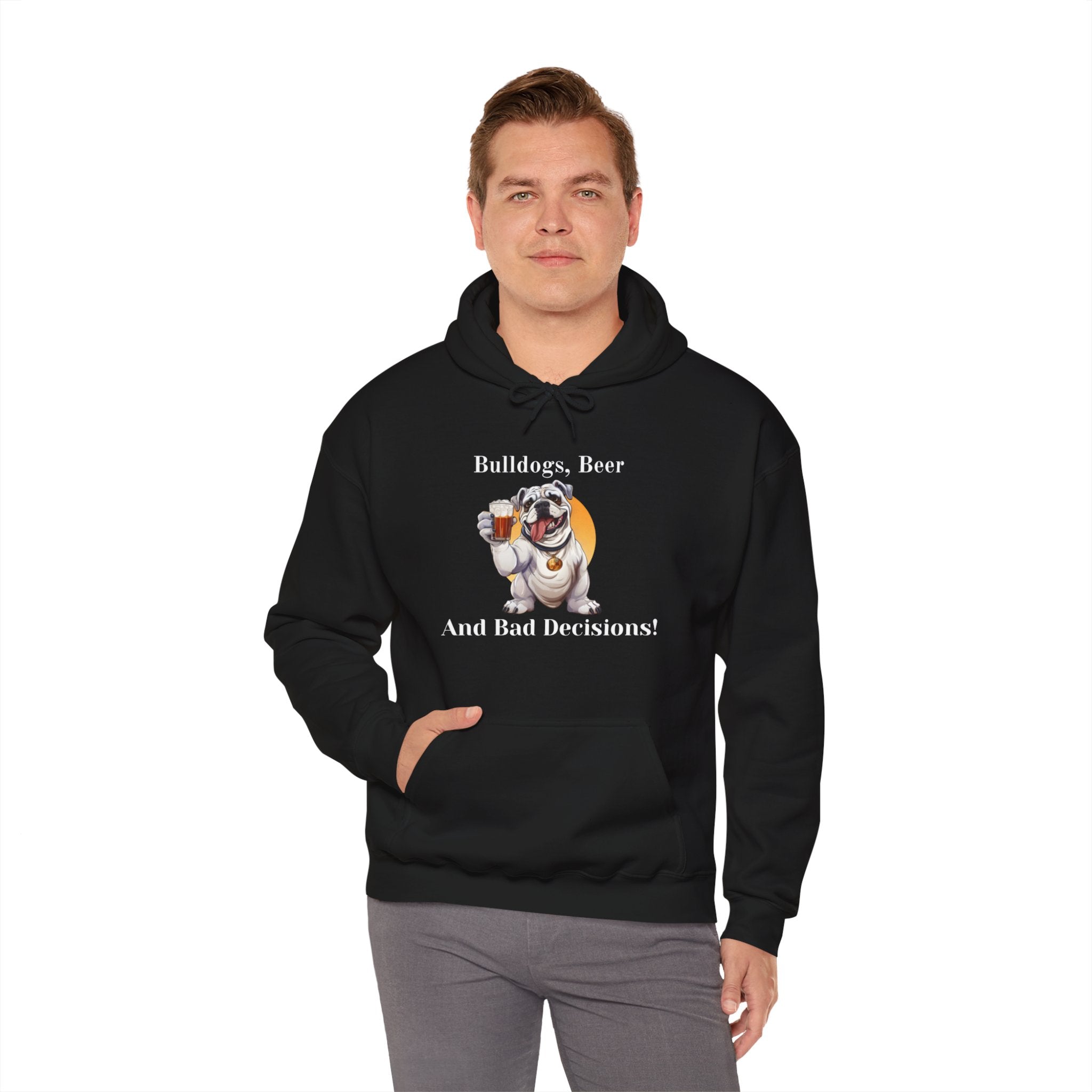 Bulldogs, Beer, and Bad Decisions" Hoodie - Your Go-To Gear for Mischievous Times! (English/White)