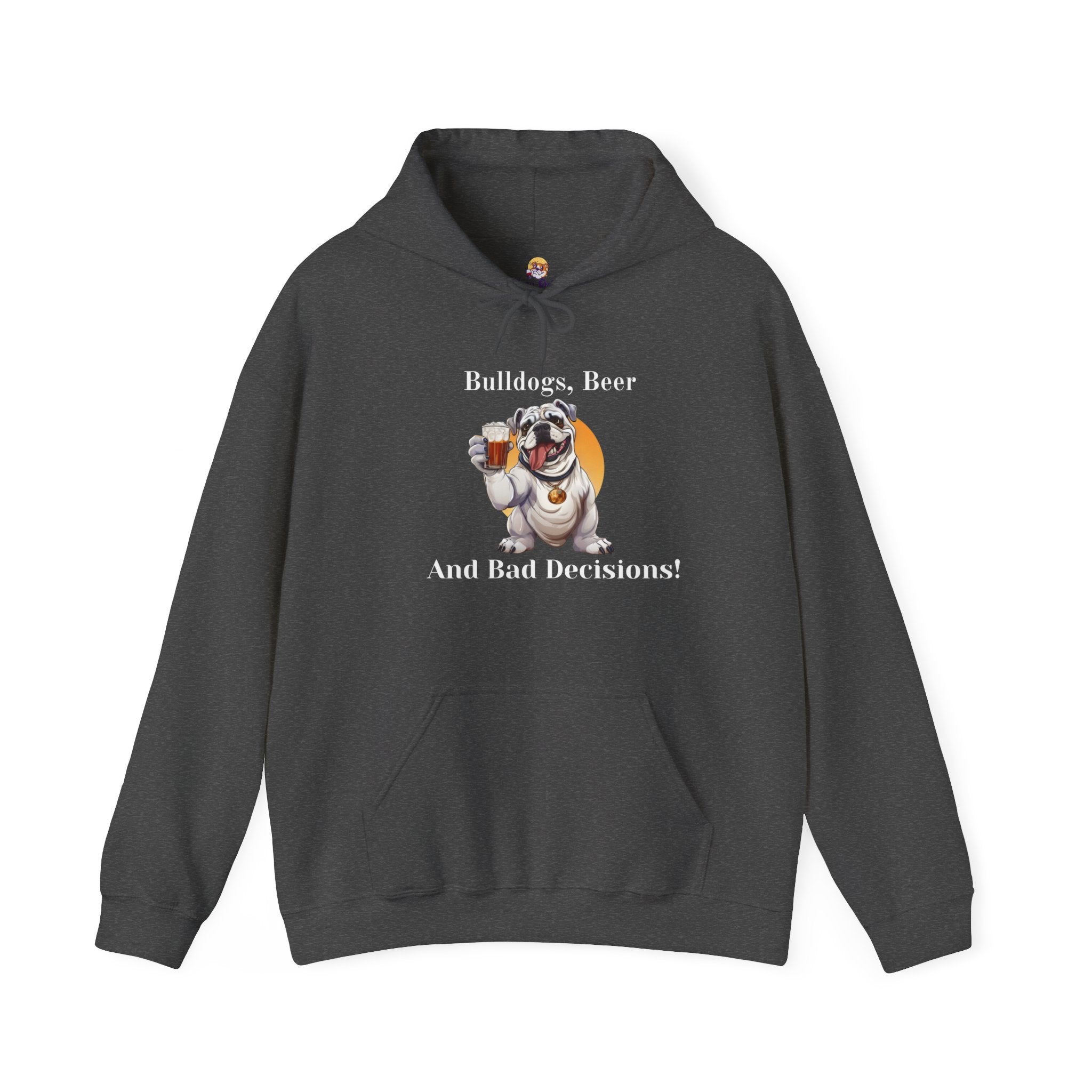 Bulldogs, Beer, and Bad Decisions" Hoodie - Your Go-To Gear for Mischievous Times! (English/White)