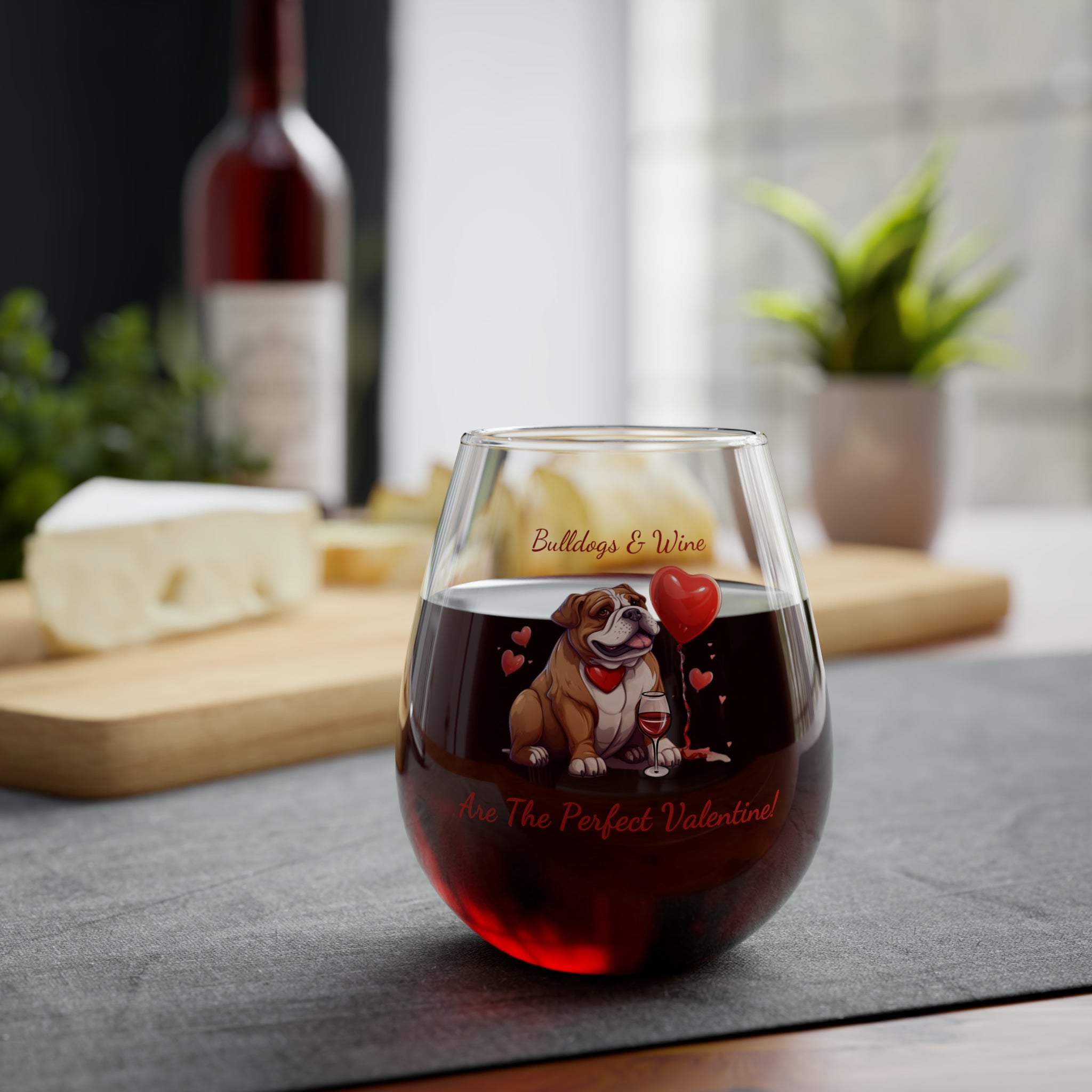 Bulldogs & Wine Are the Perfect Valentine! Stemless Wine Glass - Brown English