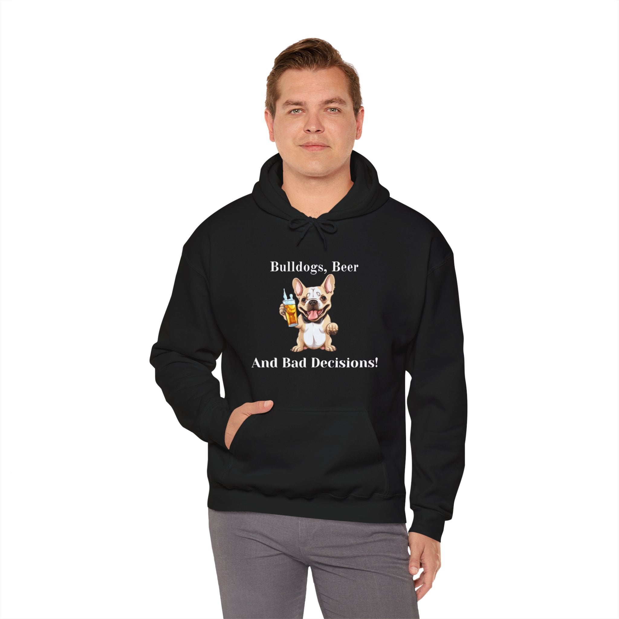 Bulldogs, Beer, and Bad Decisions" Hoodie - Your Go-To Gear for Mischievous Times! (French/Brown)