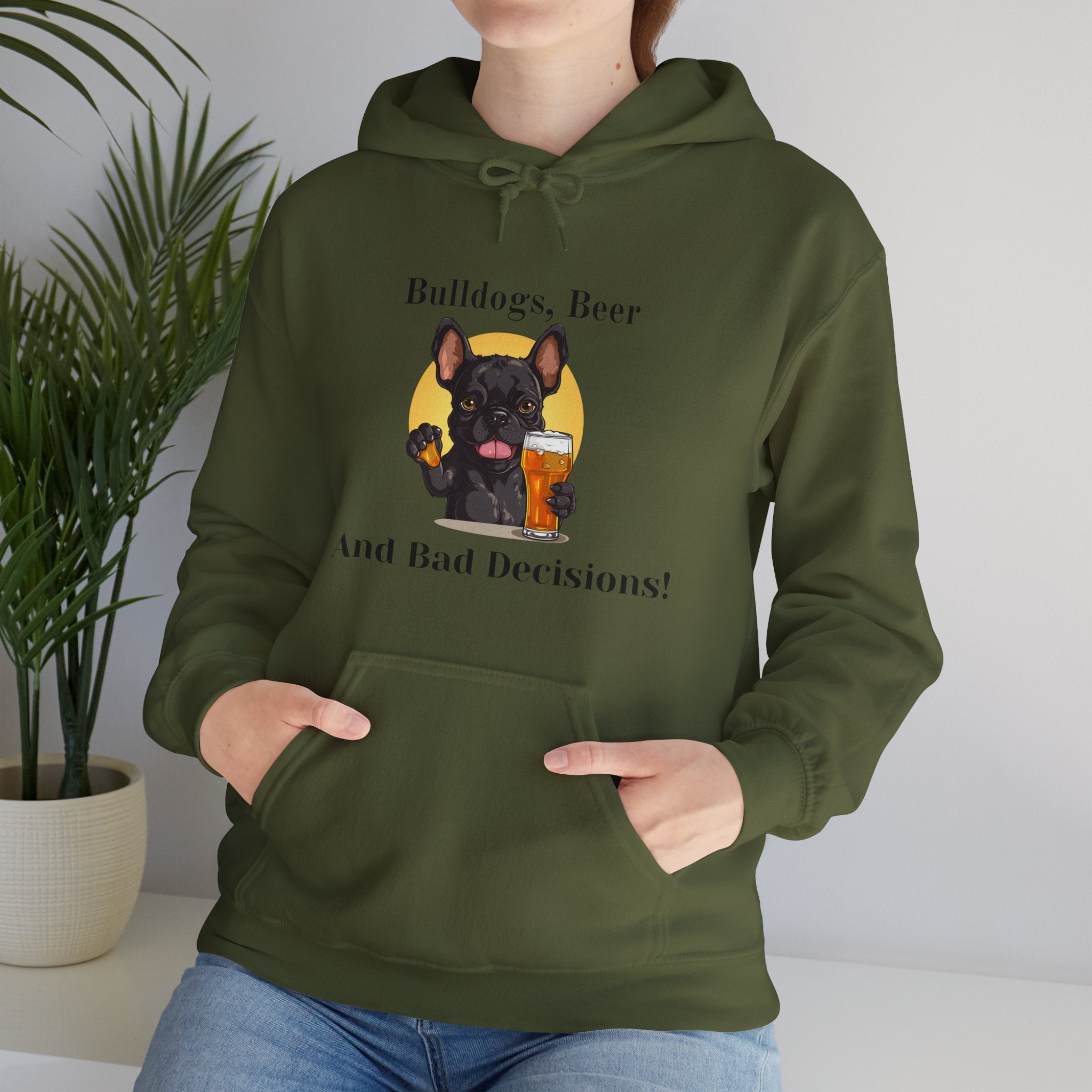 Bulldogs, Beer, and Bad Decisions" Hoodie - Your Go-To Gear for Mischievous Times! (French/Black)
