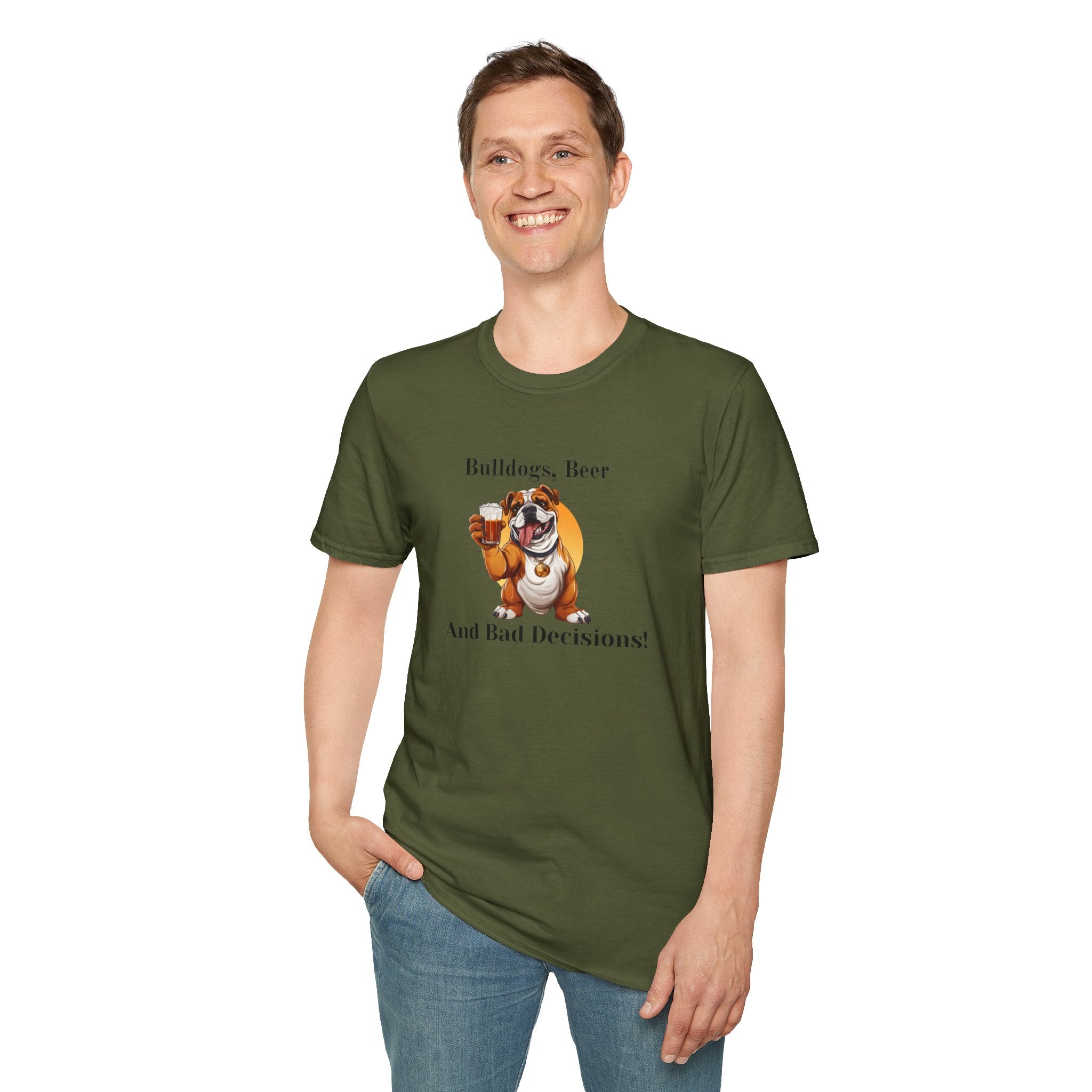 Bulldogs, Beer, and Bad Decisions" Unisex T-Shirt by Tipsy Bully (English/Brown)