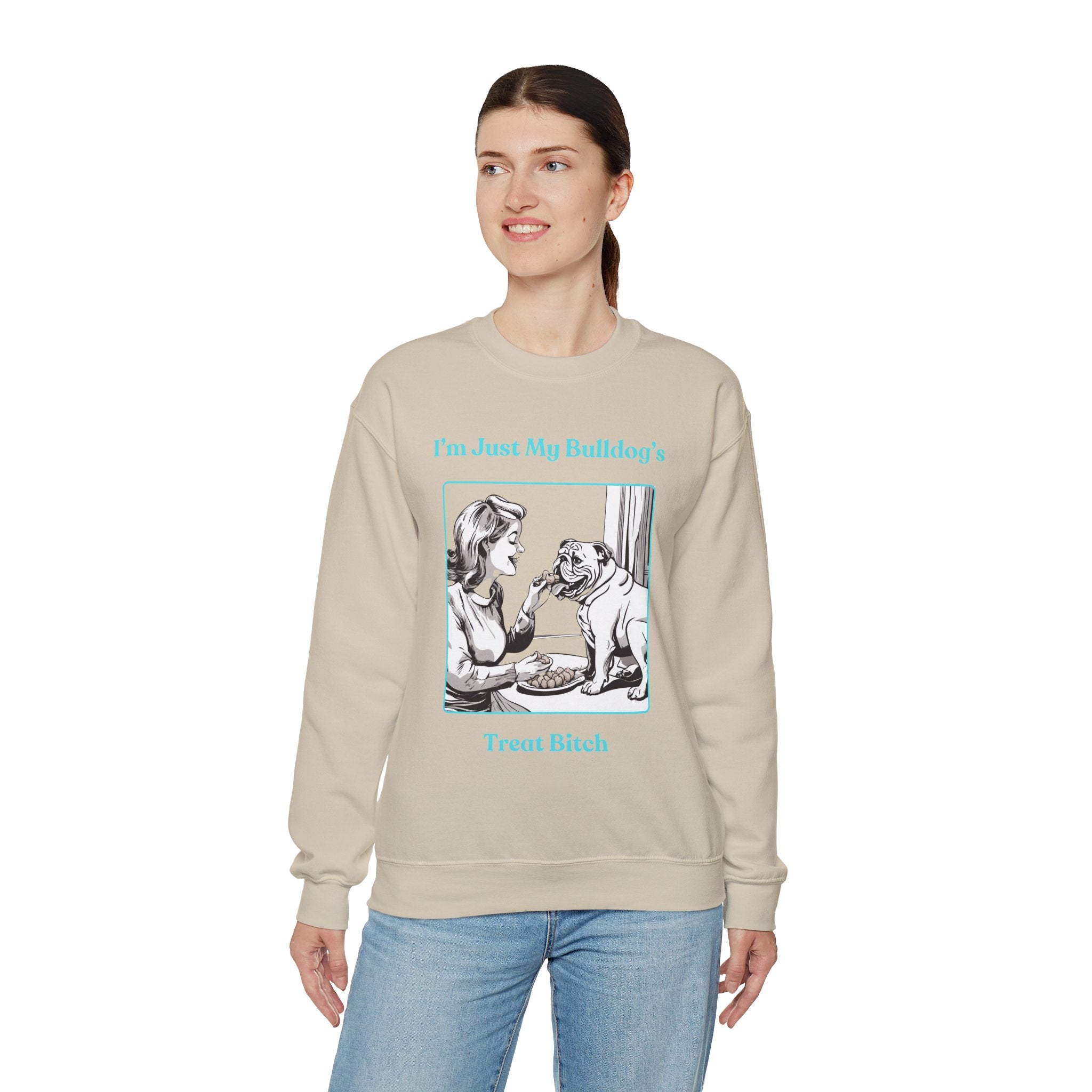 Just My Bulldog's Treat Bitch" Crew Neck Sweatshirt (English/Turq)