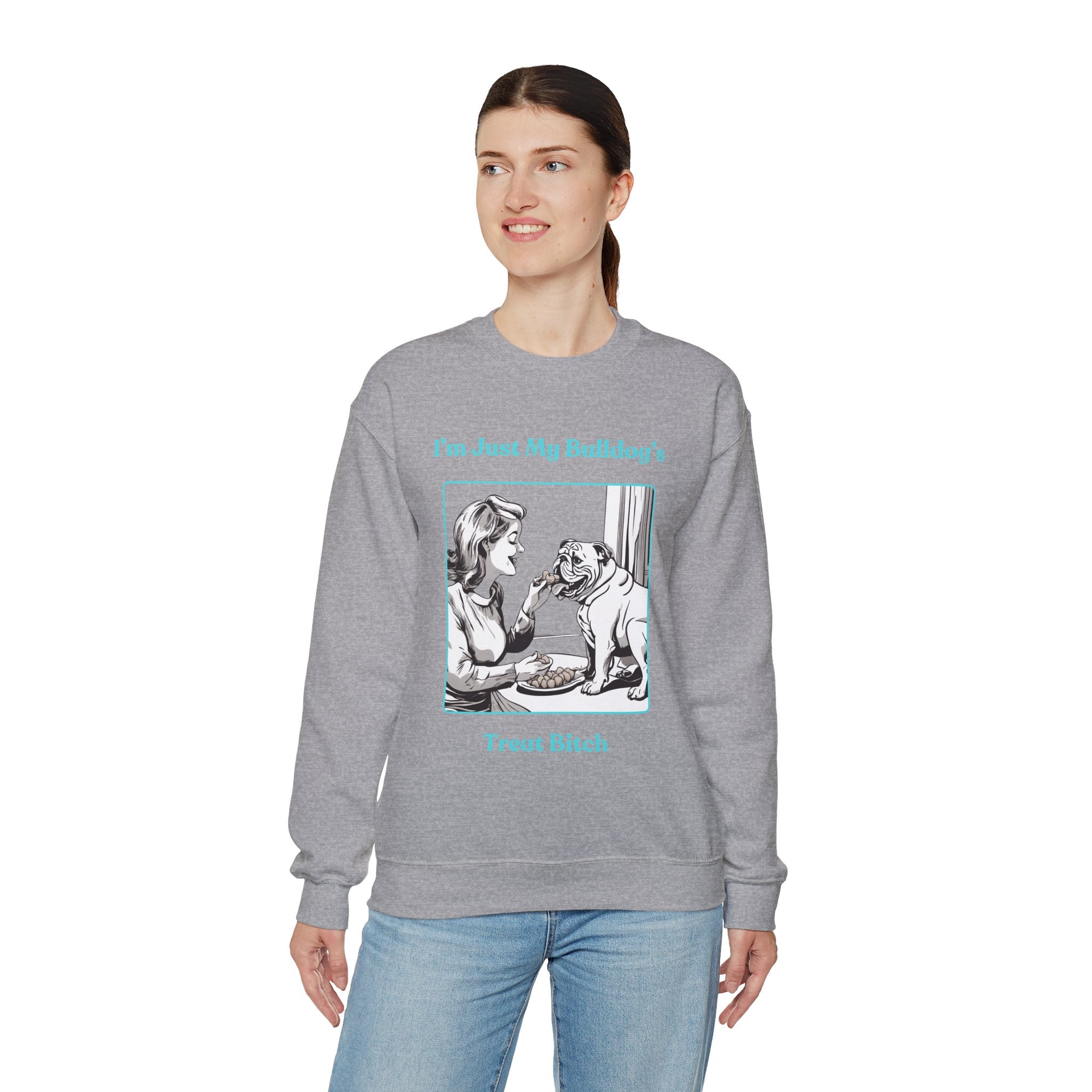 Just My Bulldog's Treat Bitch" Crew Neck Sweatshirt (English/Turq)