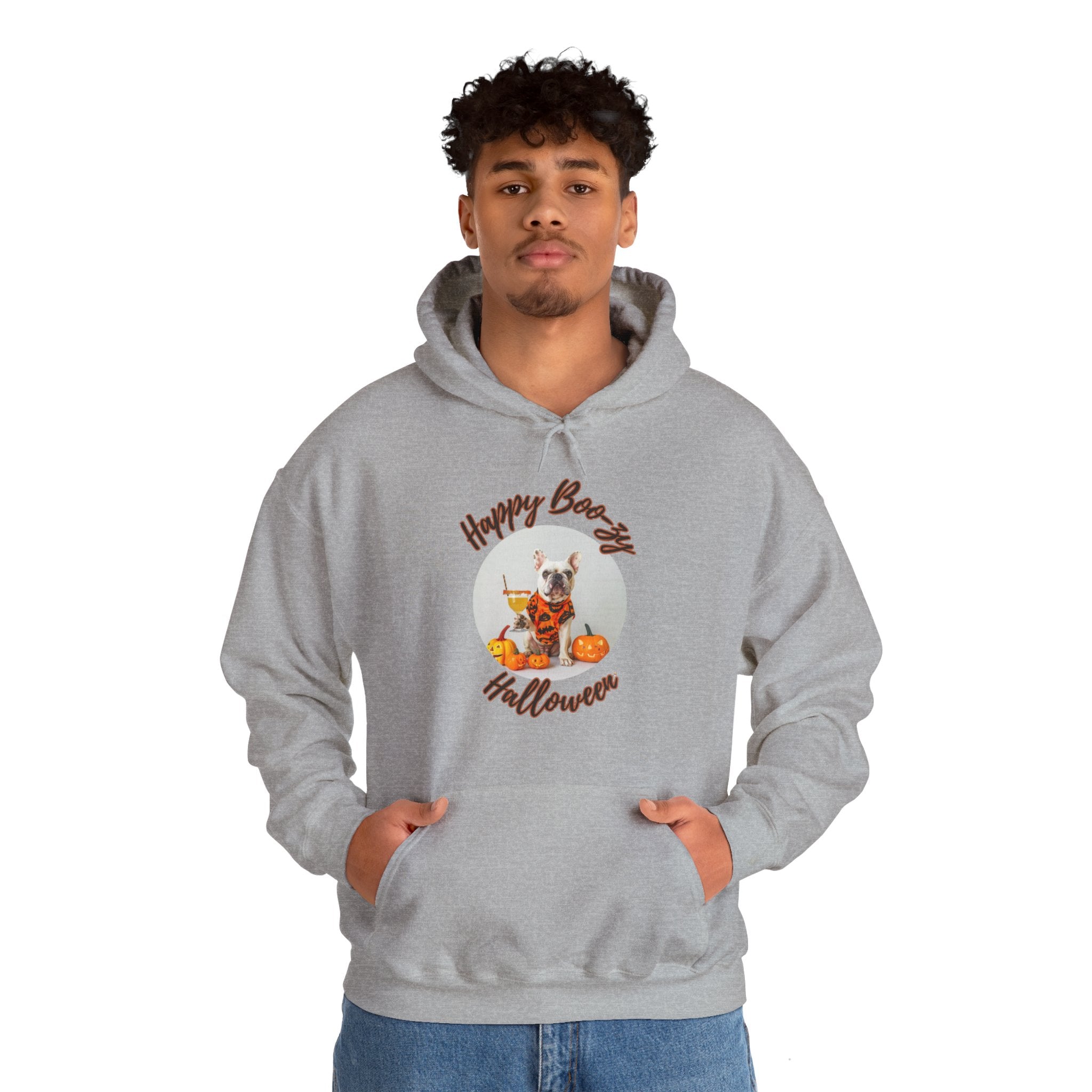 "Happy Boo-zy Halloween" Halloween Bulldog Hoodie (White/French)