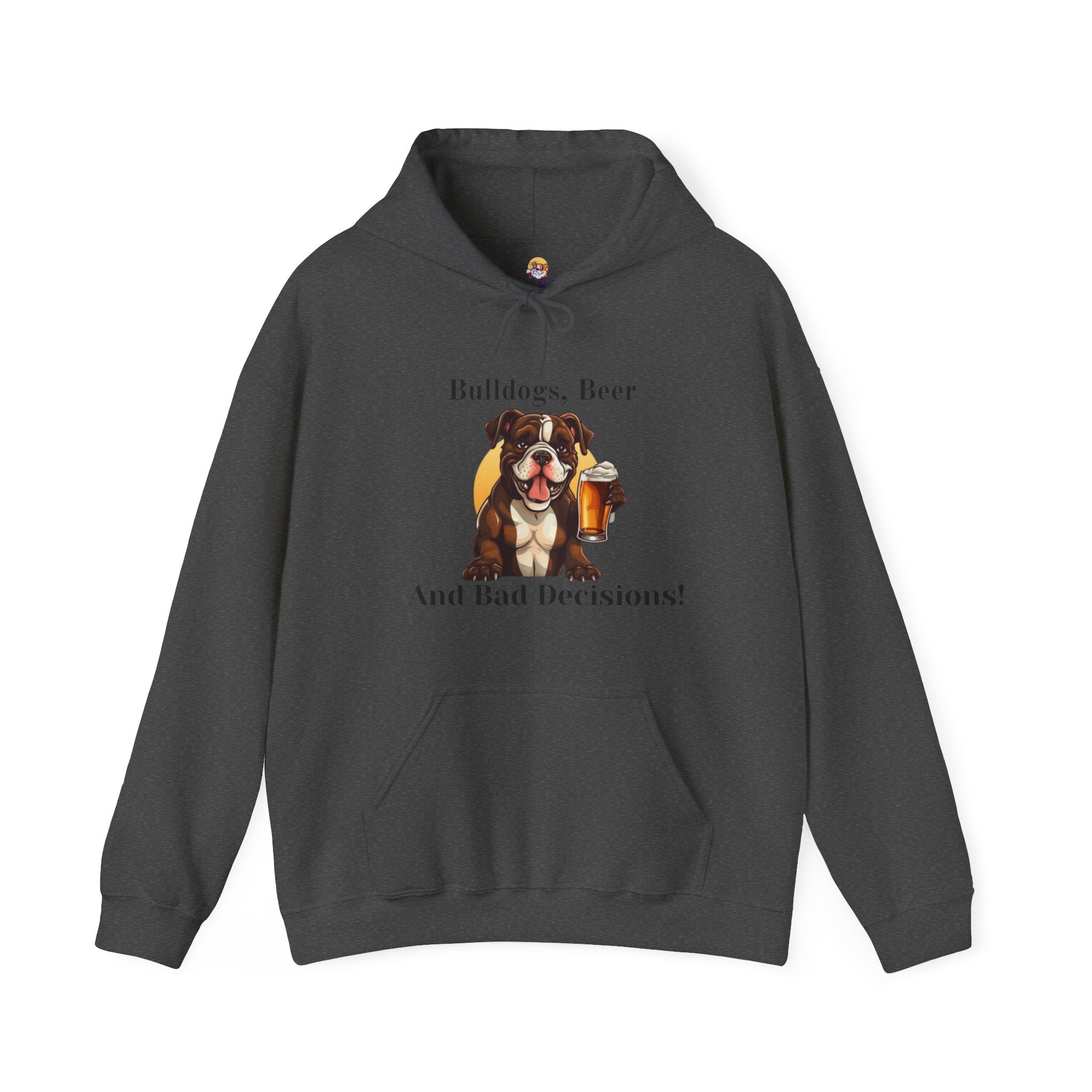 Bulldogs, Beer, and Bad Decisions" Hoodie - Your Go-To Gear for Mischievous Times! back view - English Bulldog mom gift | Tipsy Bully