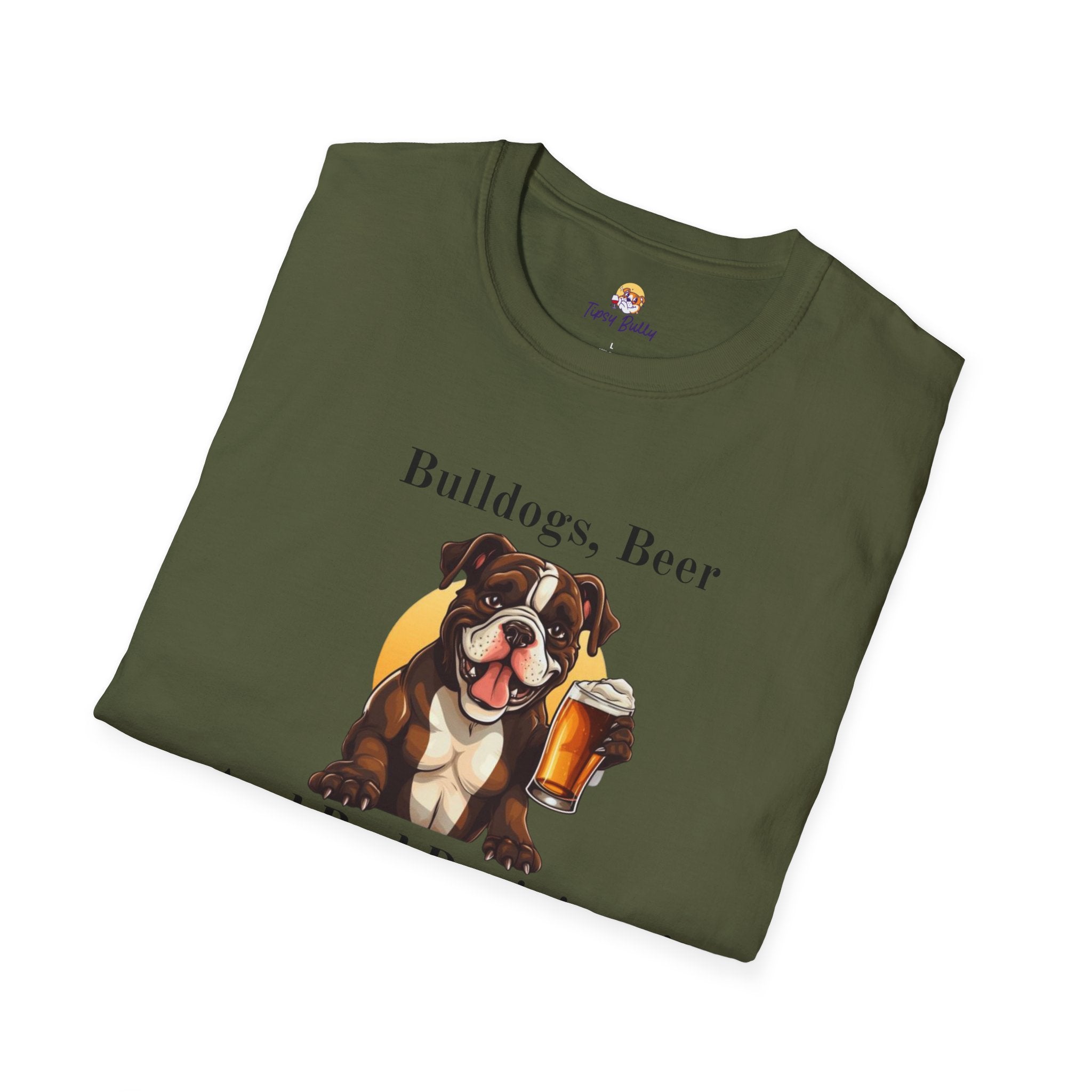 Bulldogs, Beer, and Bad Decisions" Unisex T-Shirt by Tipsy Bully (American/Brown)