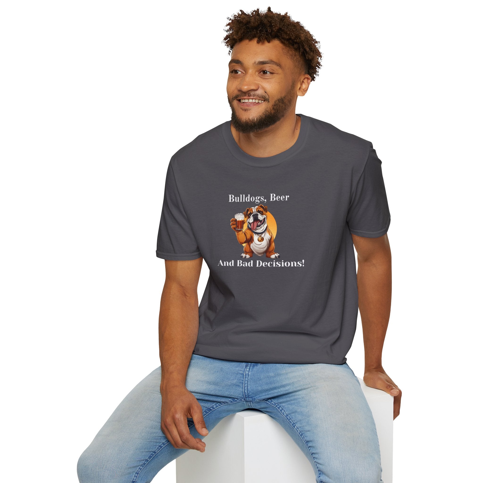 Bulldogs, Beer, and Bad Decisions" Unisex T-Shirt by Tipsy Bully (English/Brown)