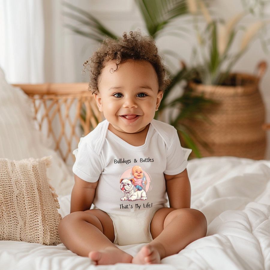 Bulldogs and Bottles, That's My Life!" Baby Onesie (English/Girl)
