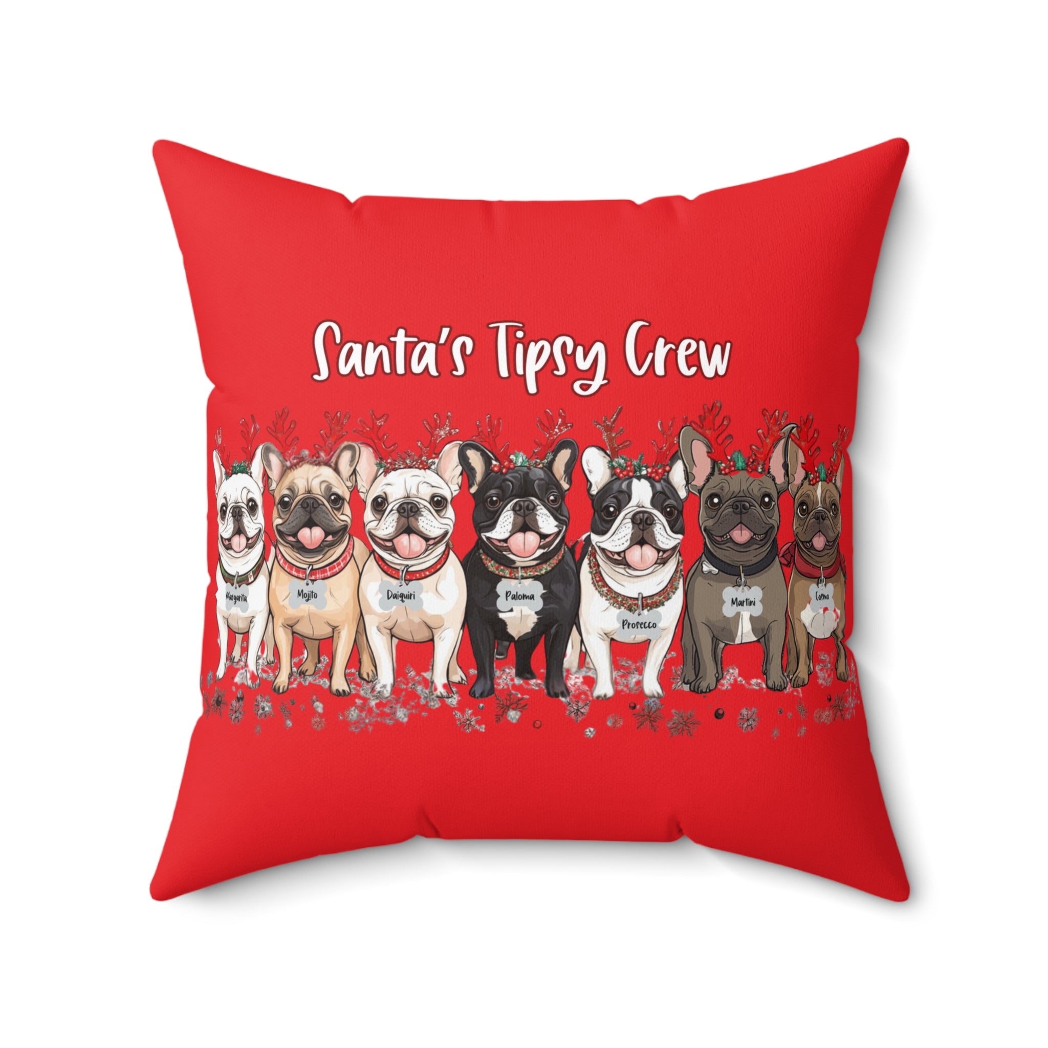 “Santa’s Tipsy Crew” Christmas pillow (Red/French)