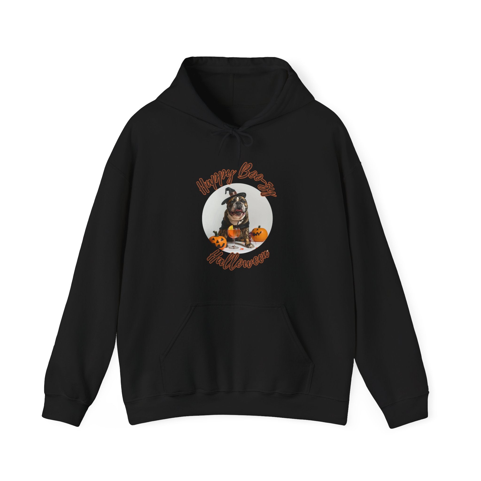 "Happy Boo-zy Halloween" Halloween Bulldog Hoodie (Black/French)
