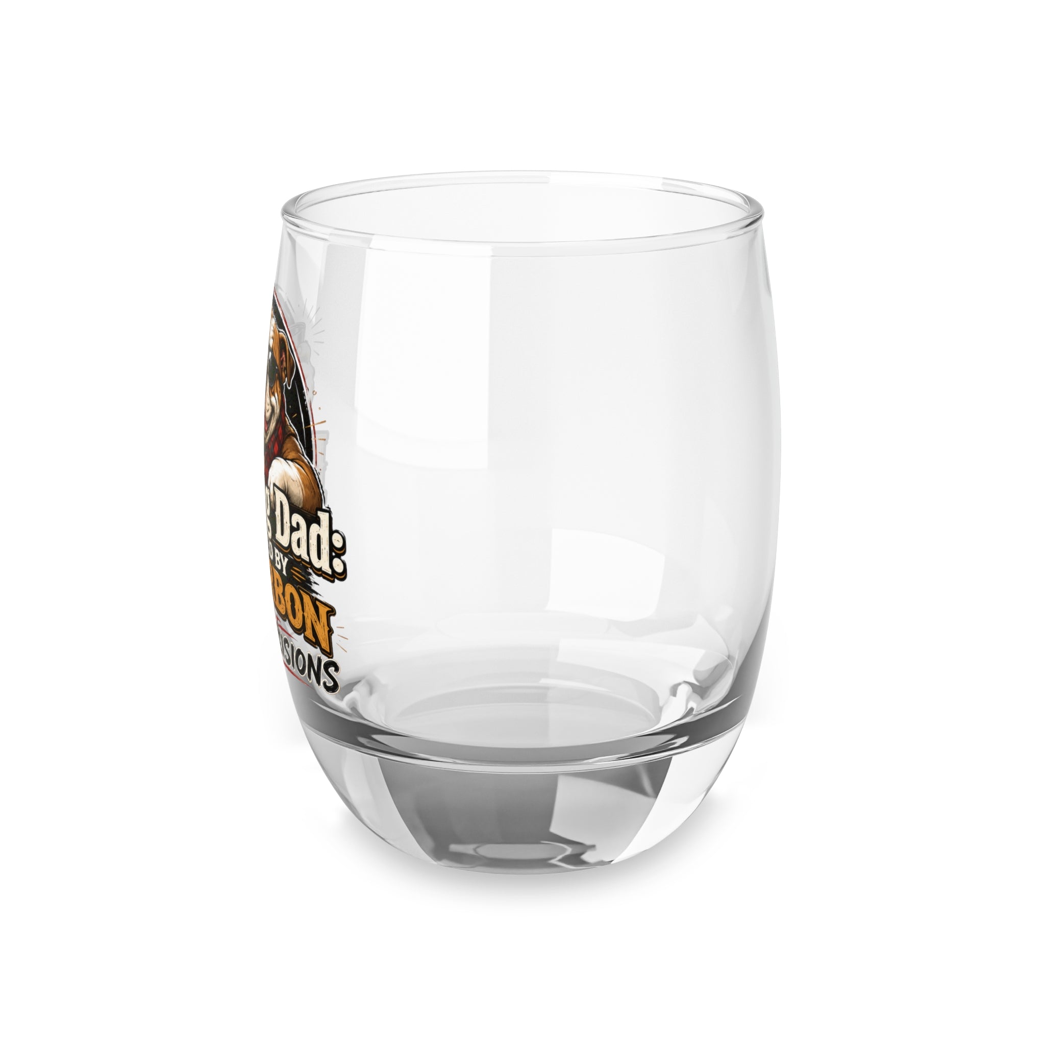 Bulldog Dad Whiskey Glass — “Fueled by Bourbon & Bad Decisions” Stemless Rocks Glass (English)