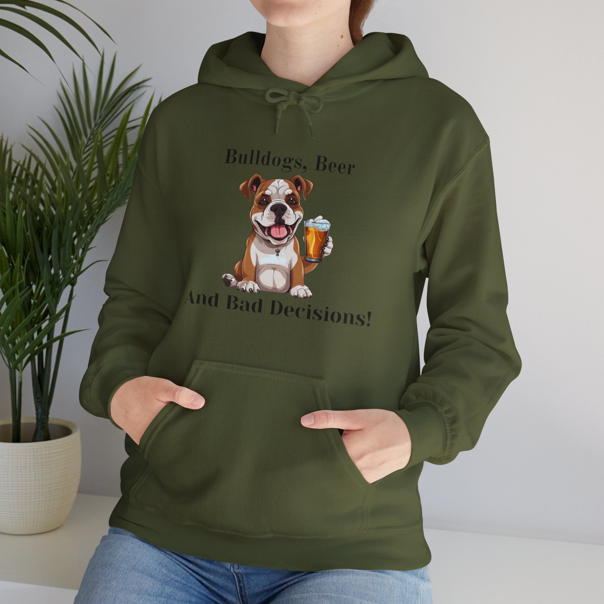 Bulldogs, Beer, and Bad Decisions" Hoodie - Your Go-To Gear for Mischievous Times! (American/White)