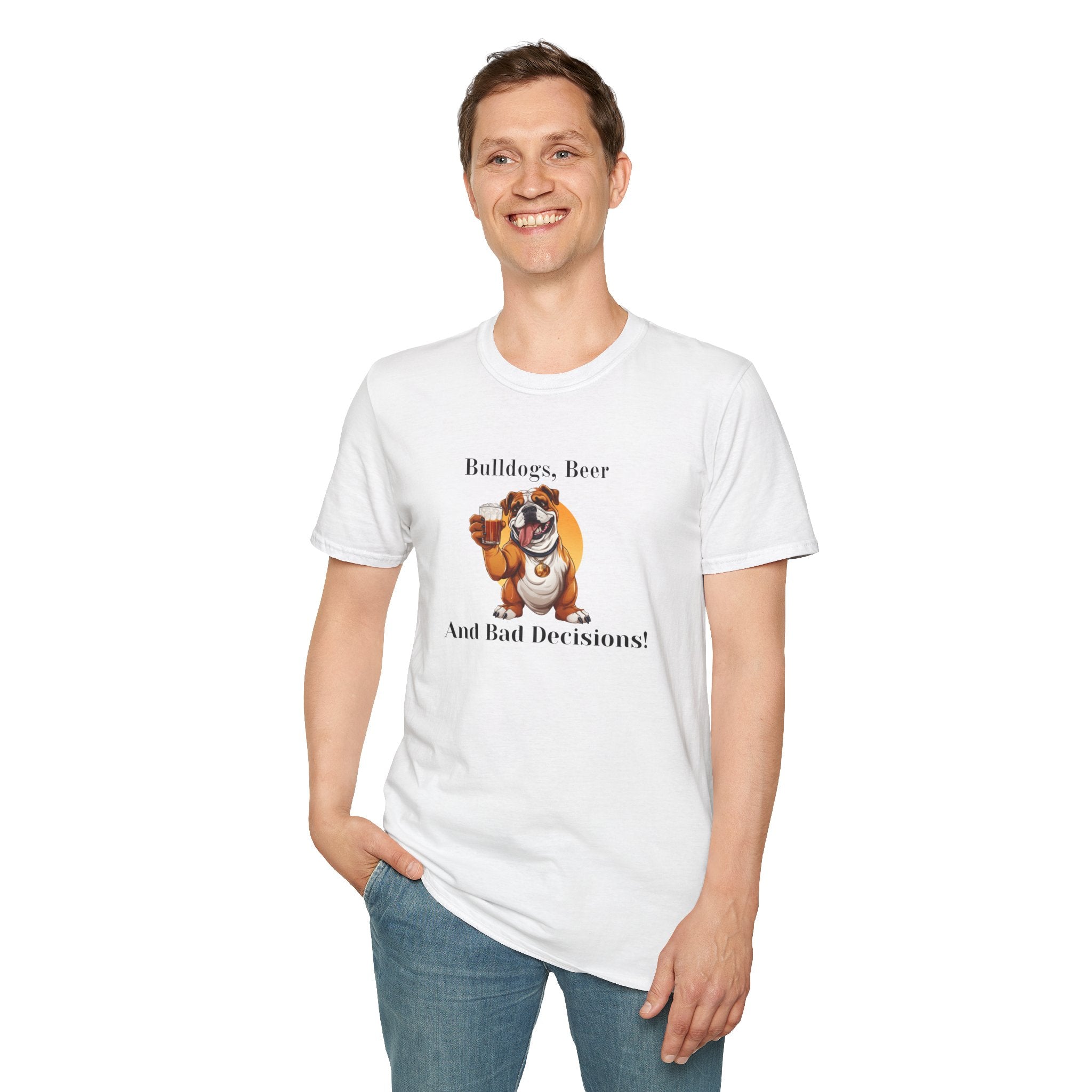 Bulldogs, Beer, and Bad Decisions" Unisex T-Shirt by Tipsy Bully (English/Brown)