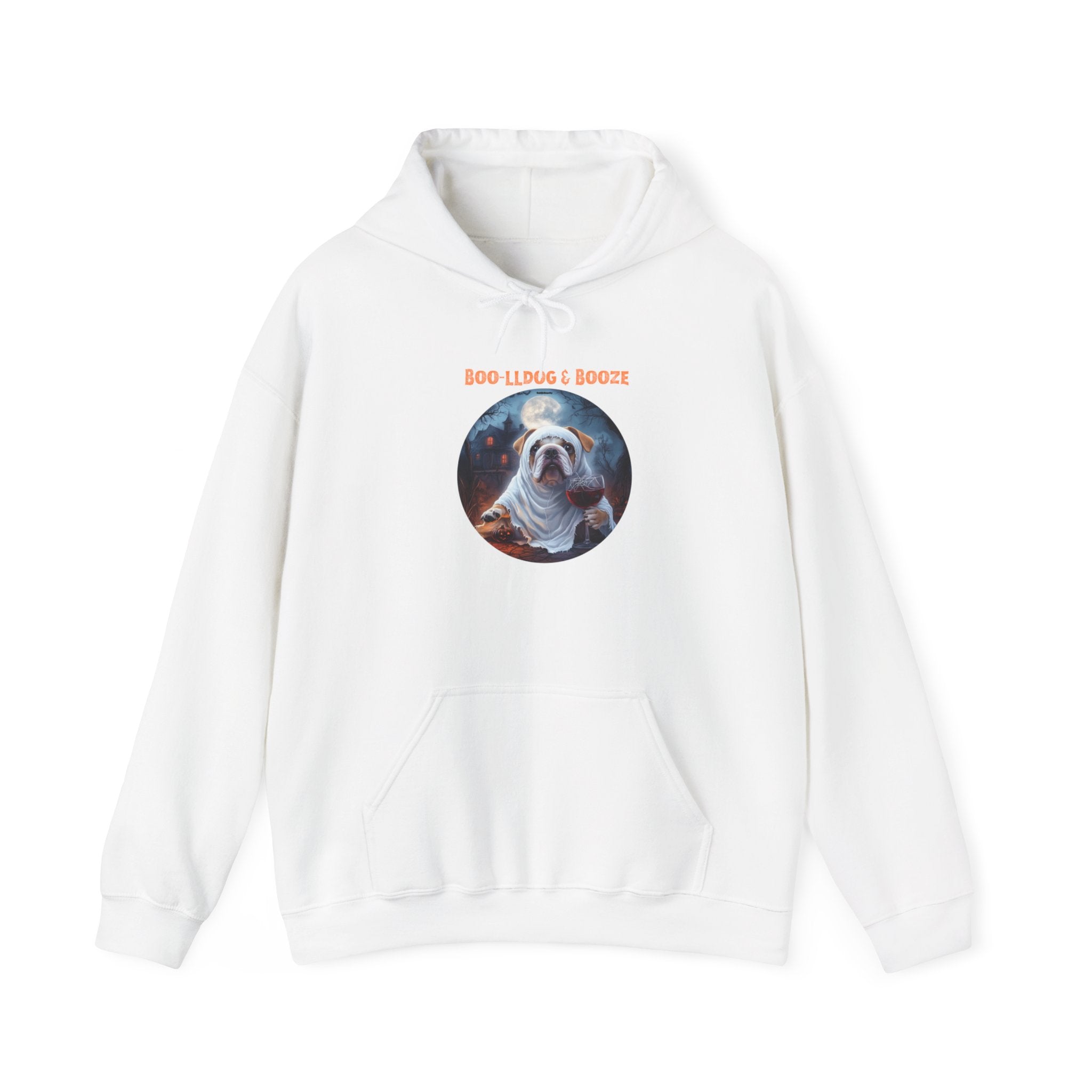 Boo-lldog & Booze Halloween Bulldog Hoodie (White/English)