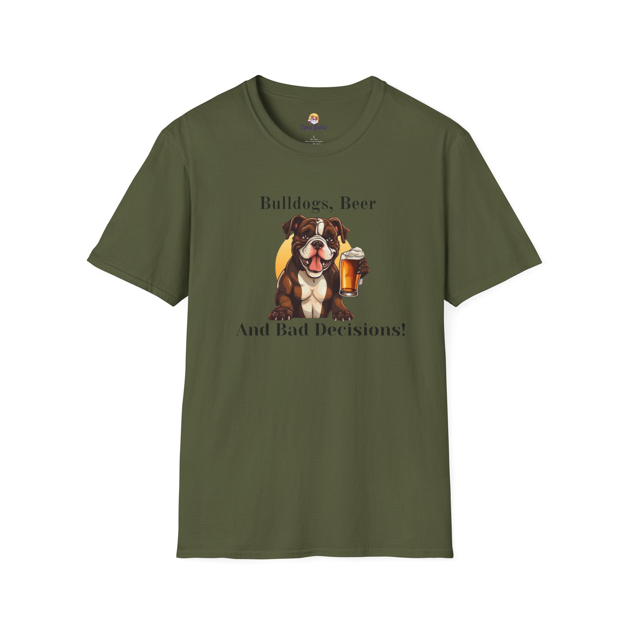 Bulldogs, Beer, and Bad Decisions" Unisex T-Shirt by Tipsy Bully (American/Brown)