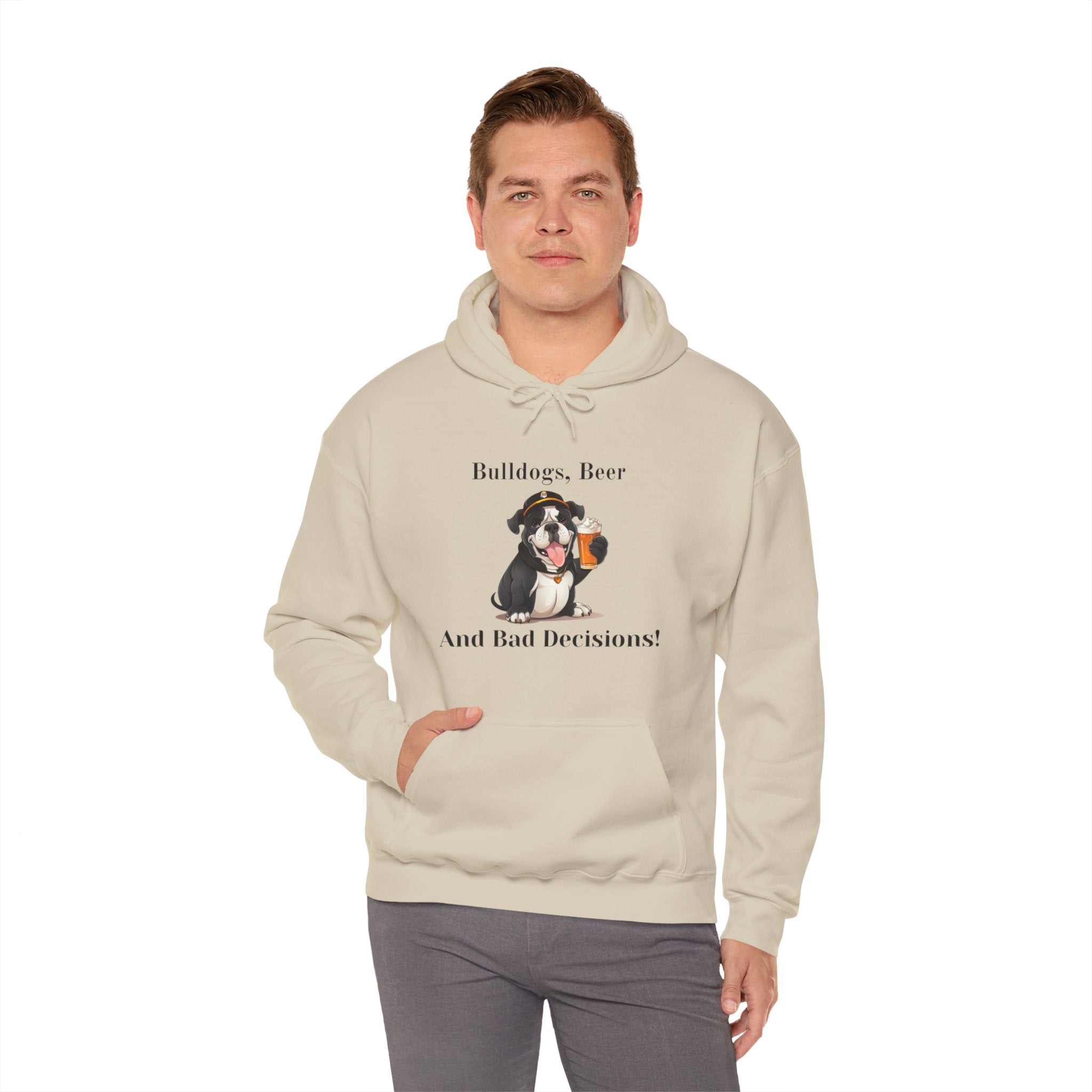 Bulldogs, Beer, and Bad Decisions" Hoodie - Your Go-To Gear for Mischievous Times! (English/Black)