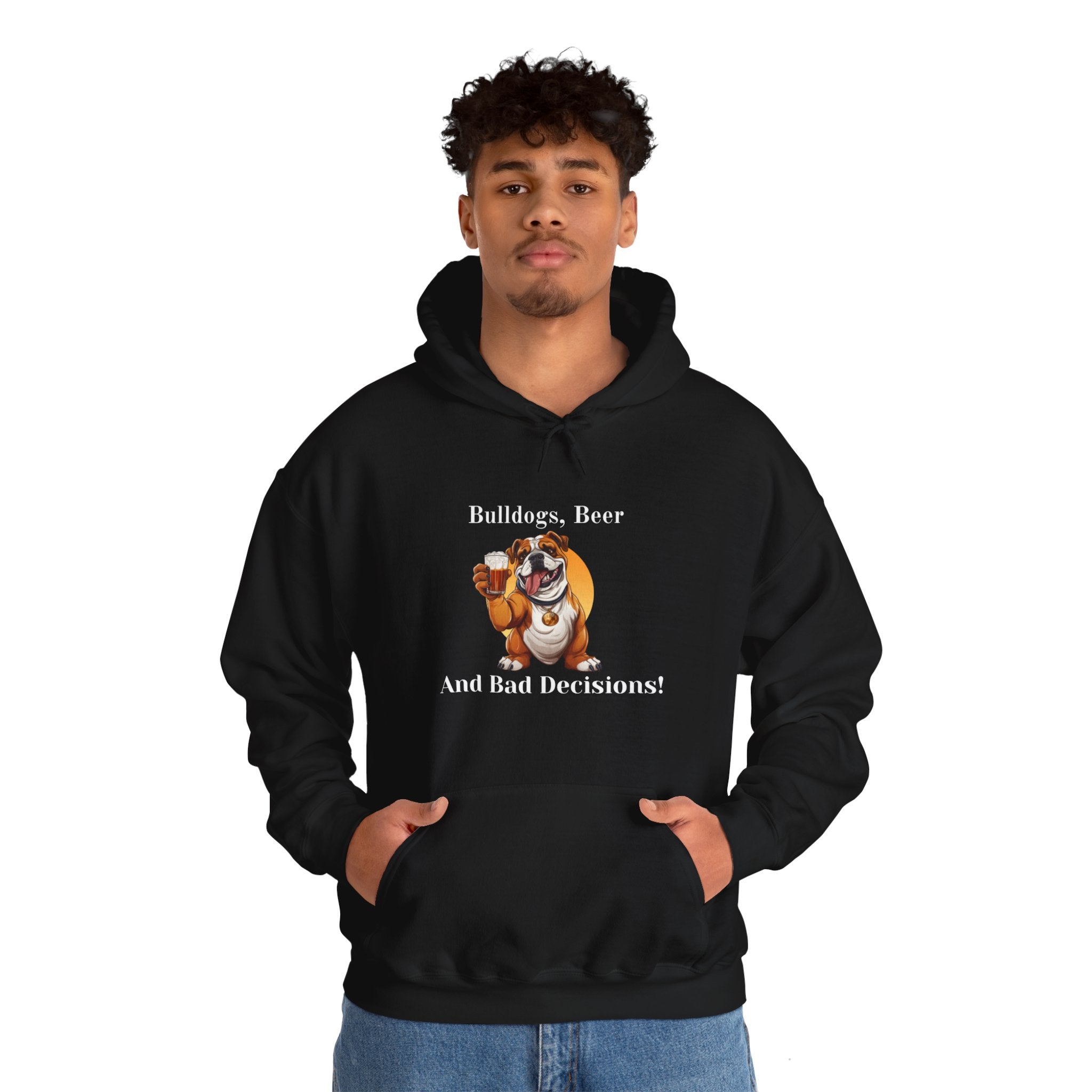 Bulldogs, Beer, and Bad Decisions" Hoodie - Your Go-To Gear for Mischievous Times! (English/Brown)