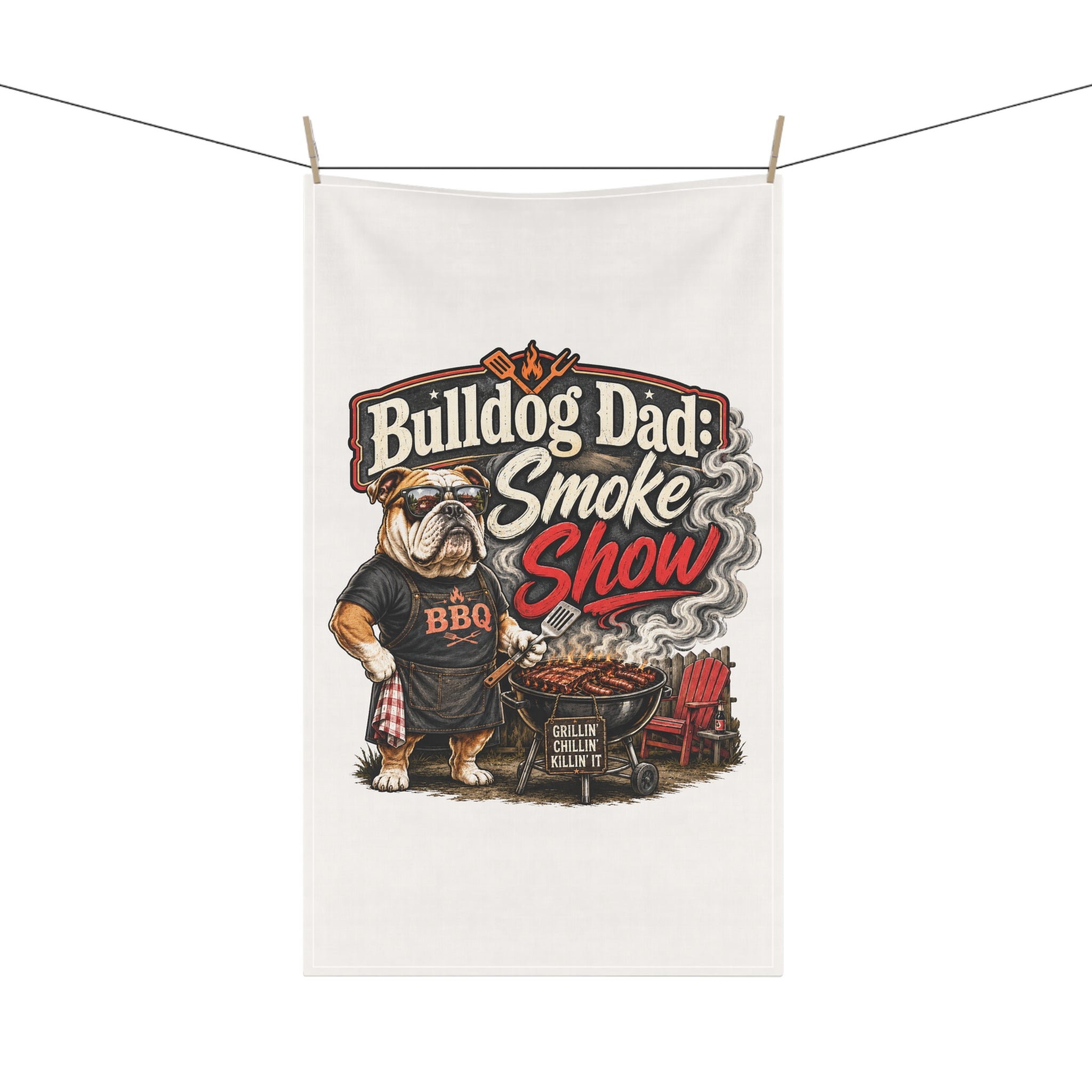 Bulldog Dad BBQ Tea Towel — "Smoke Show" Cotton Kitchen Towel (English)