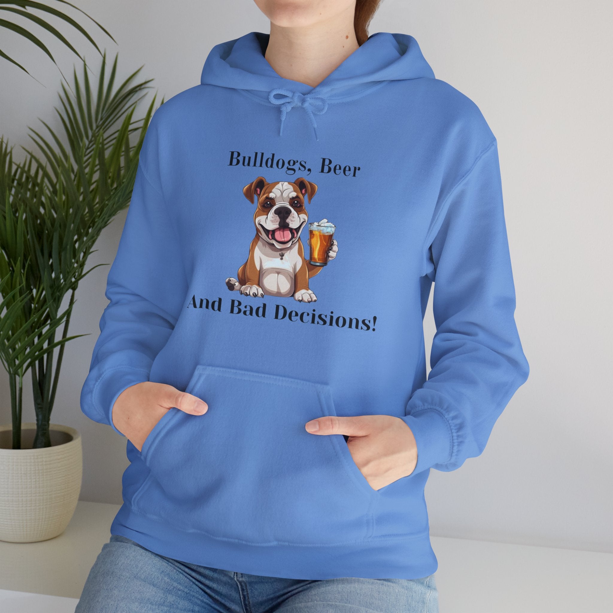 Bulldogs, Beer, and Bad Decisions" Hoodie - Your Go-To Gear for Mischievous Times! (American/White)