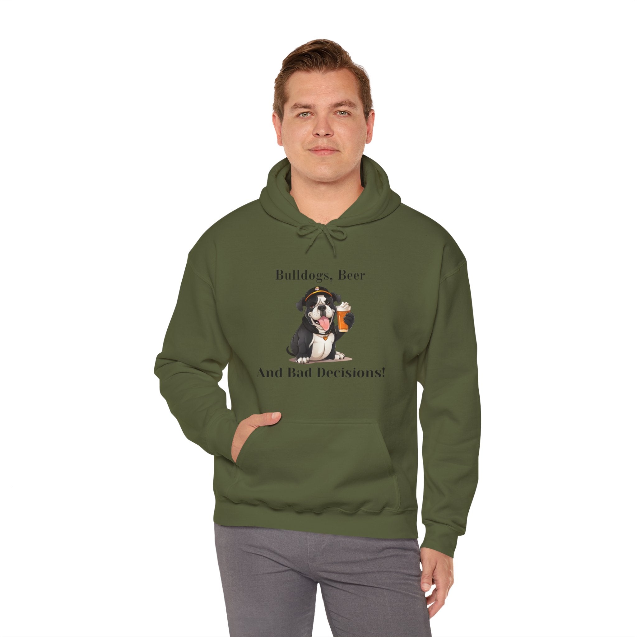 Bulldogs, Beer, and Bad Decisions" Hoodie - Your Go-To Gear for Mischievous Times! (English/Black)