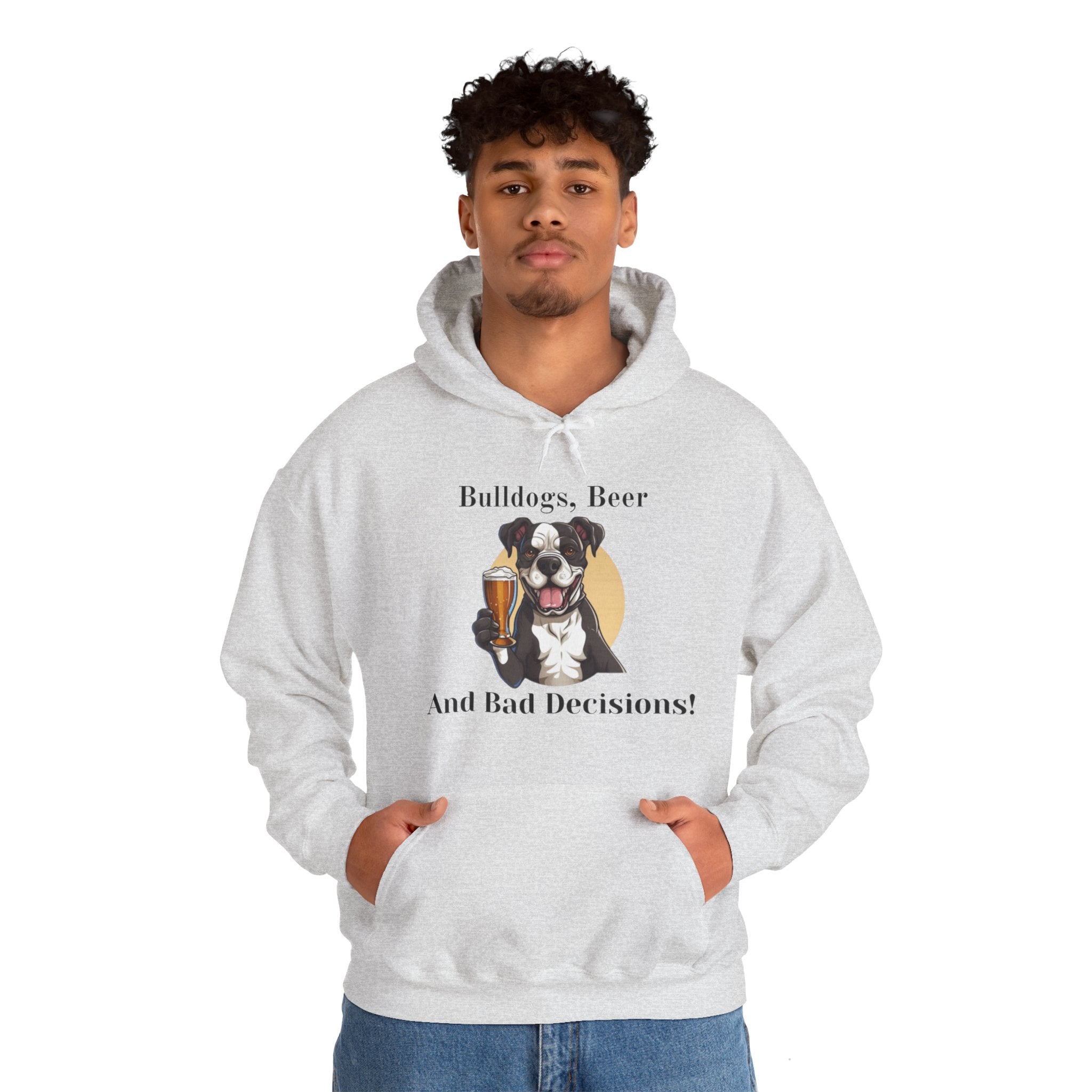 Bulldogs, Beer, and Bad Decisions" Hoodie - Your Go-To Gear for Mischievous Times! size chart - English Bulldog mom gift | Tipsy Bully