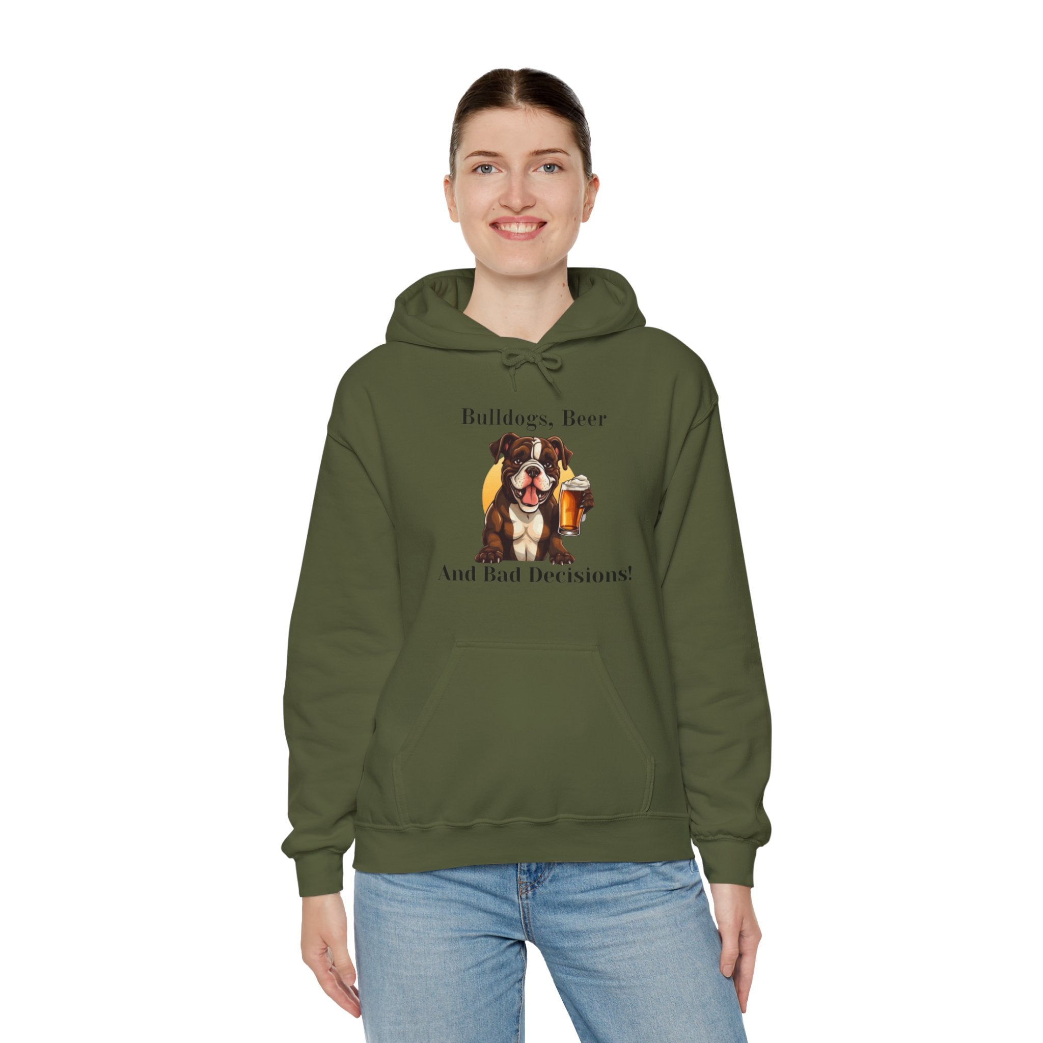 Bulldogs, Beer, and Bad Decisions" Hoodie - Your Go-To Gear for Mischievous Times! (American/Brown)
