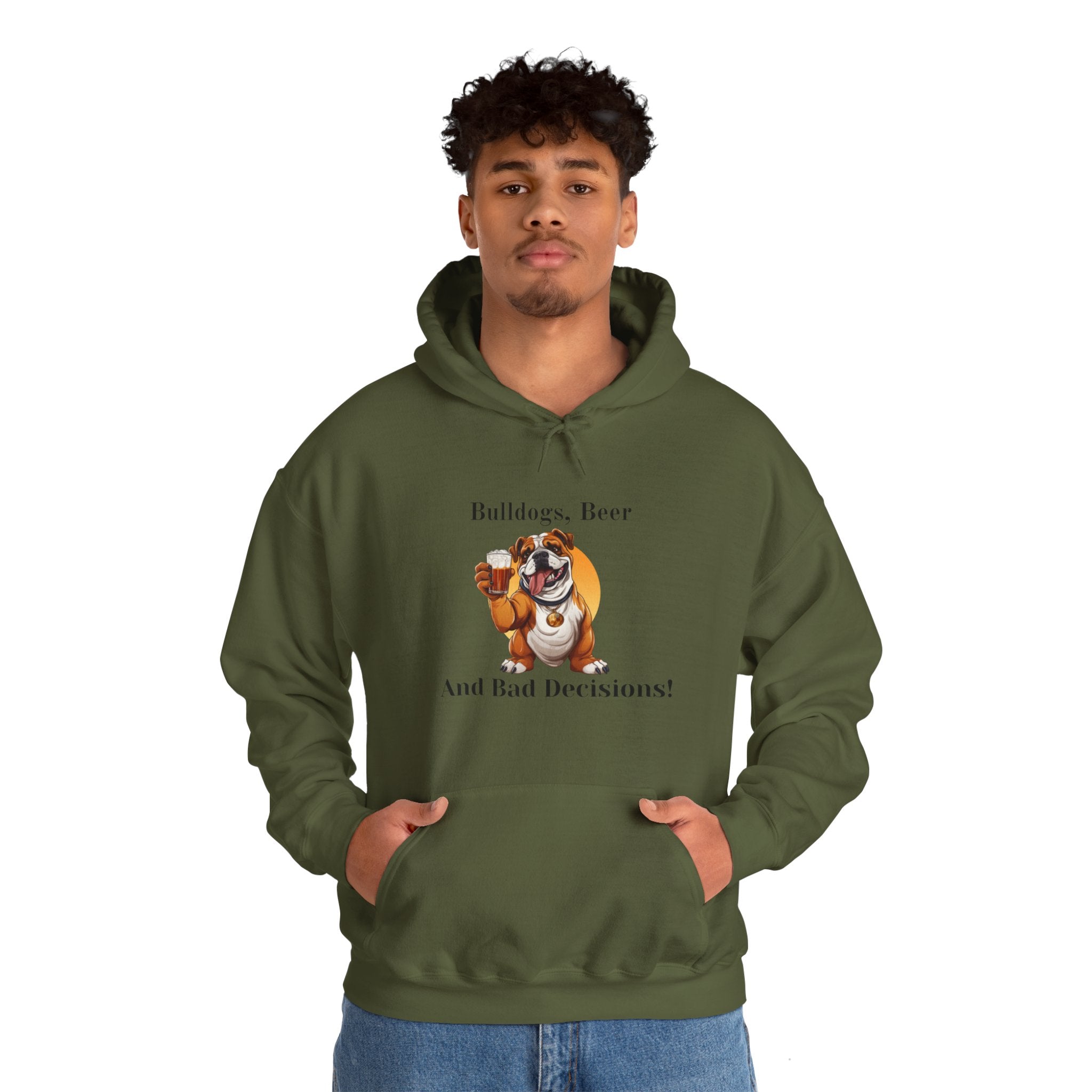 Bulldogs, Beer, and Bad Decisions" Hoodie - Your Go-To Gear for Mischievous Times! (English/Brown)