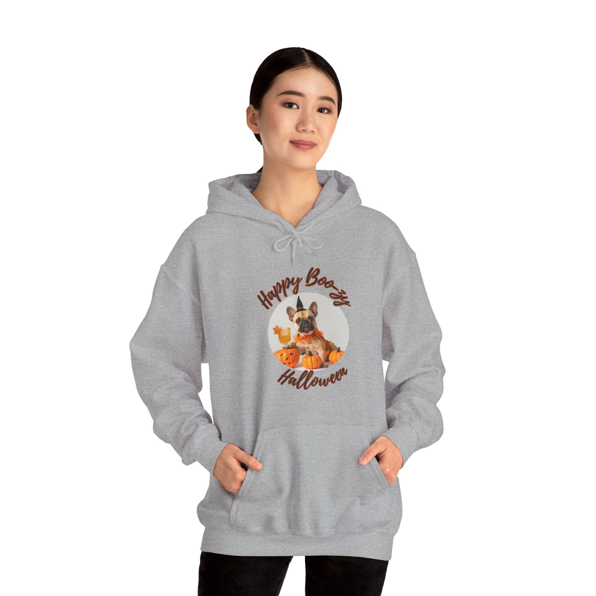 "Happy Boo-zy Haloween" Halloween Bulldog Hoodie (Tan/French)