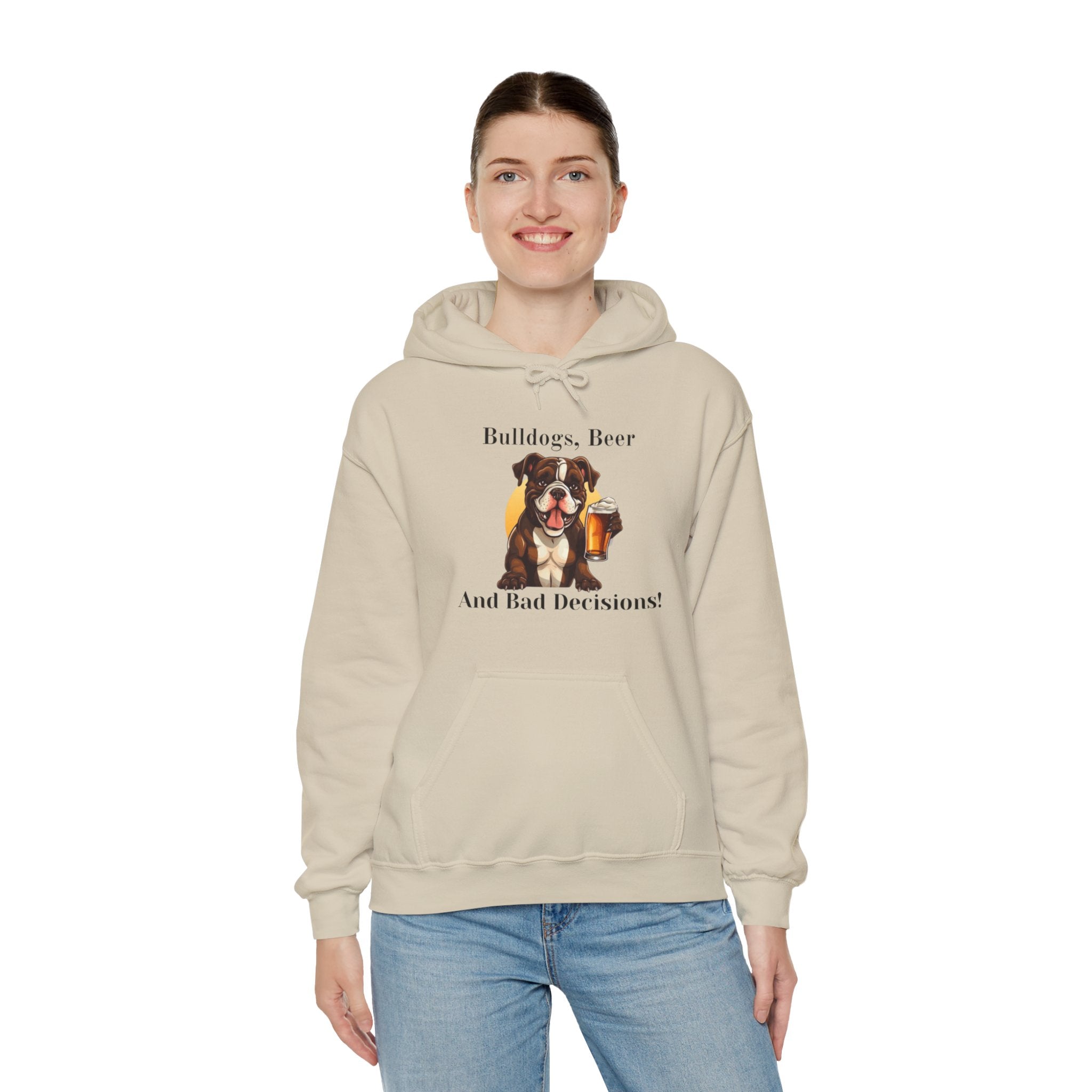 Bulldogs, Beer, and Bad Decisions" Hoodie - Your Go-To Gear for Mischievous Times! (American/Brown)