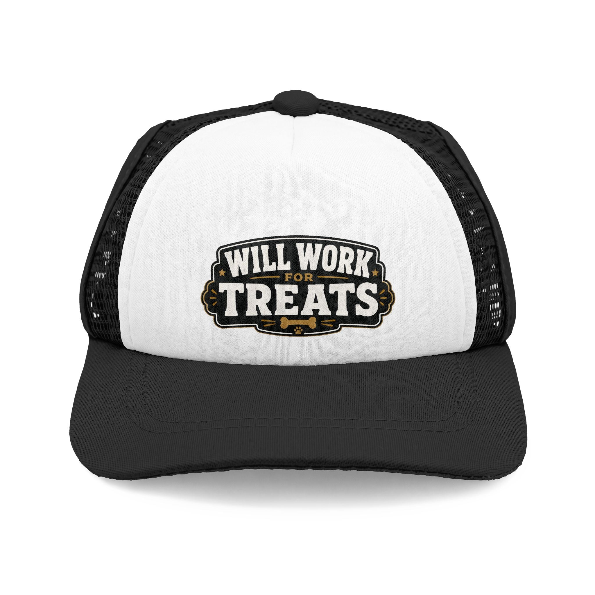 "Will Work For Treats" Bulldog Trucker Hat (English/French)
