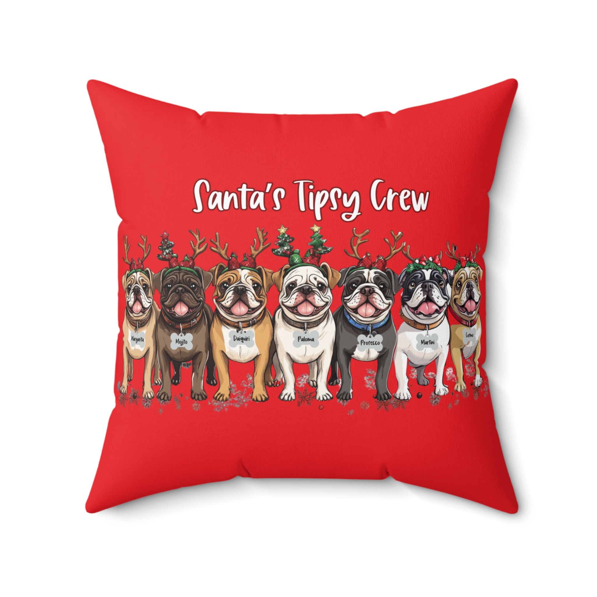 “Santa’s Tipsy Crew” Christmas pillow (red/English)