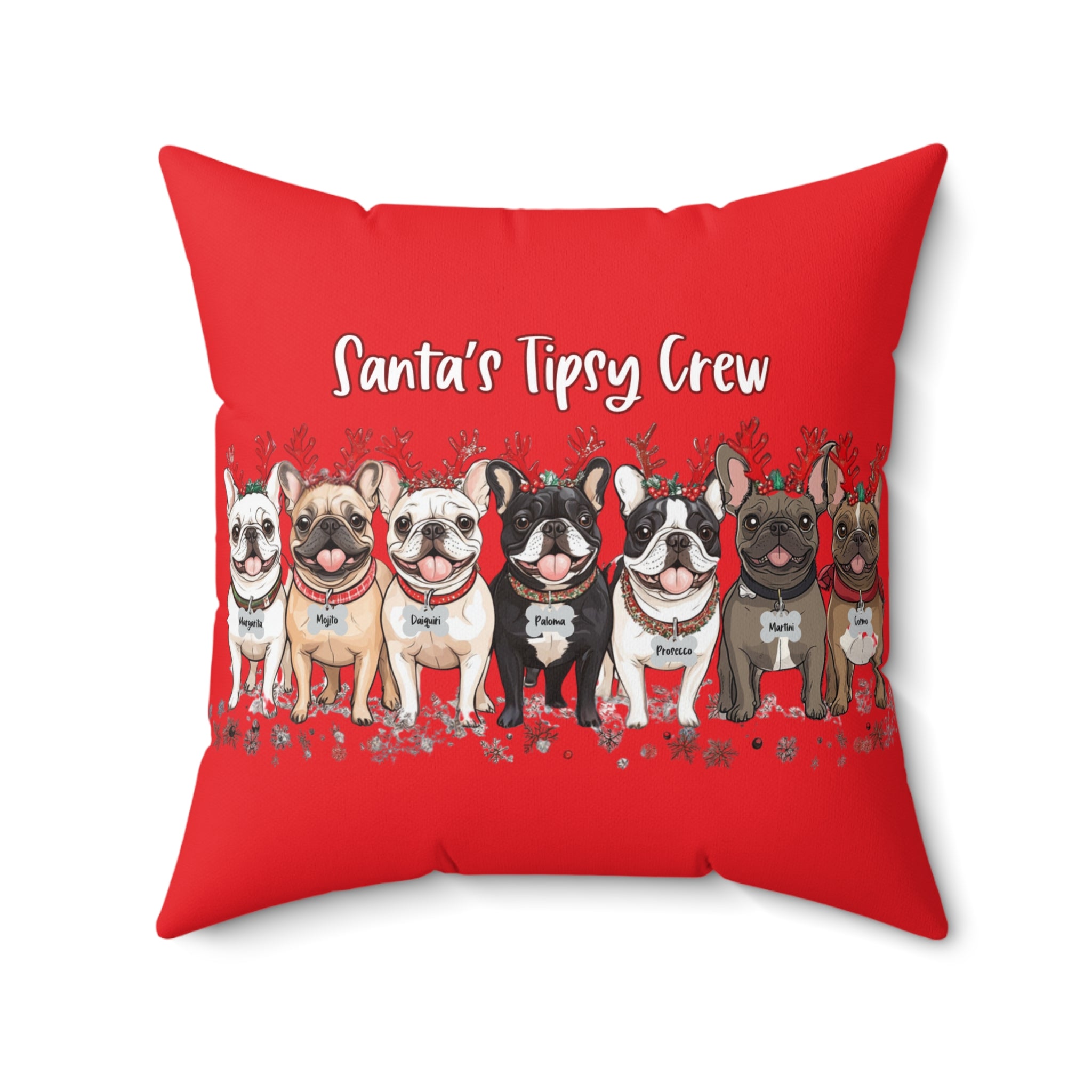 “Santa’s Tipsy Crew” Christmas pillow (Red/French)