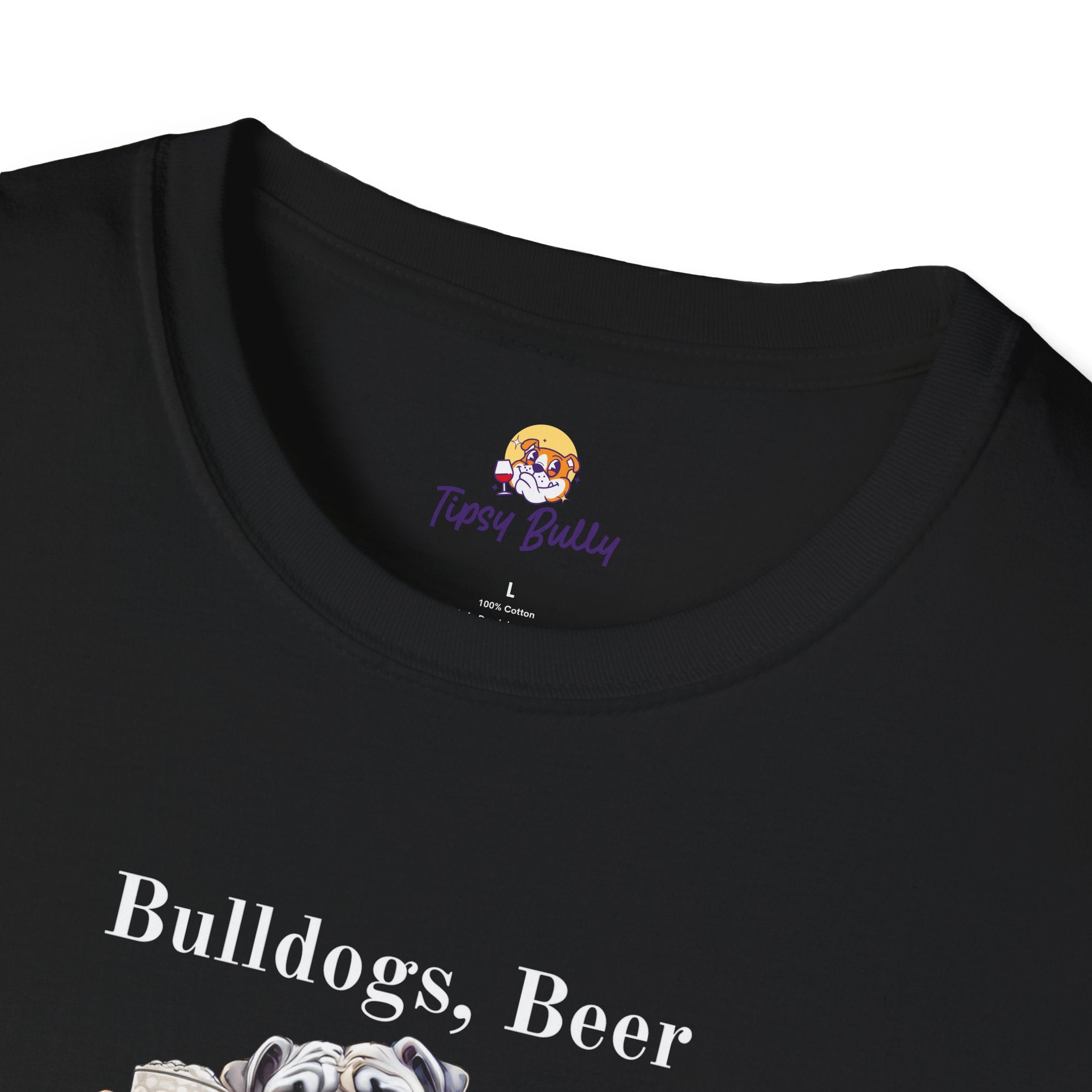 Bulldogs, Beer, and Bad Decisions" Unisex T-Shirt by Tipsy Bully (English/White)