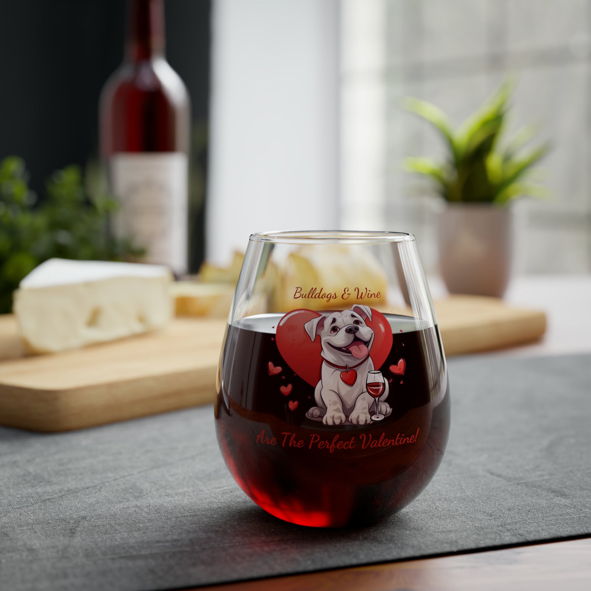 Bulldogs & Wine Are the Perfect Valentine! Stemless Wine Glass - English Bulldog
