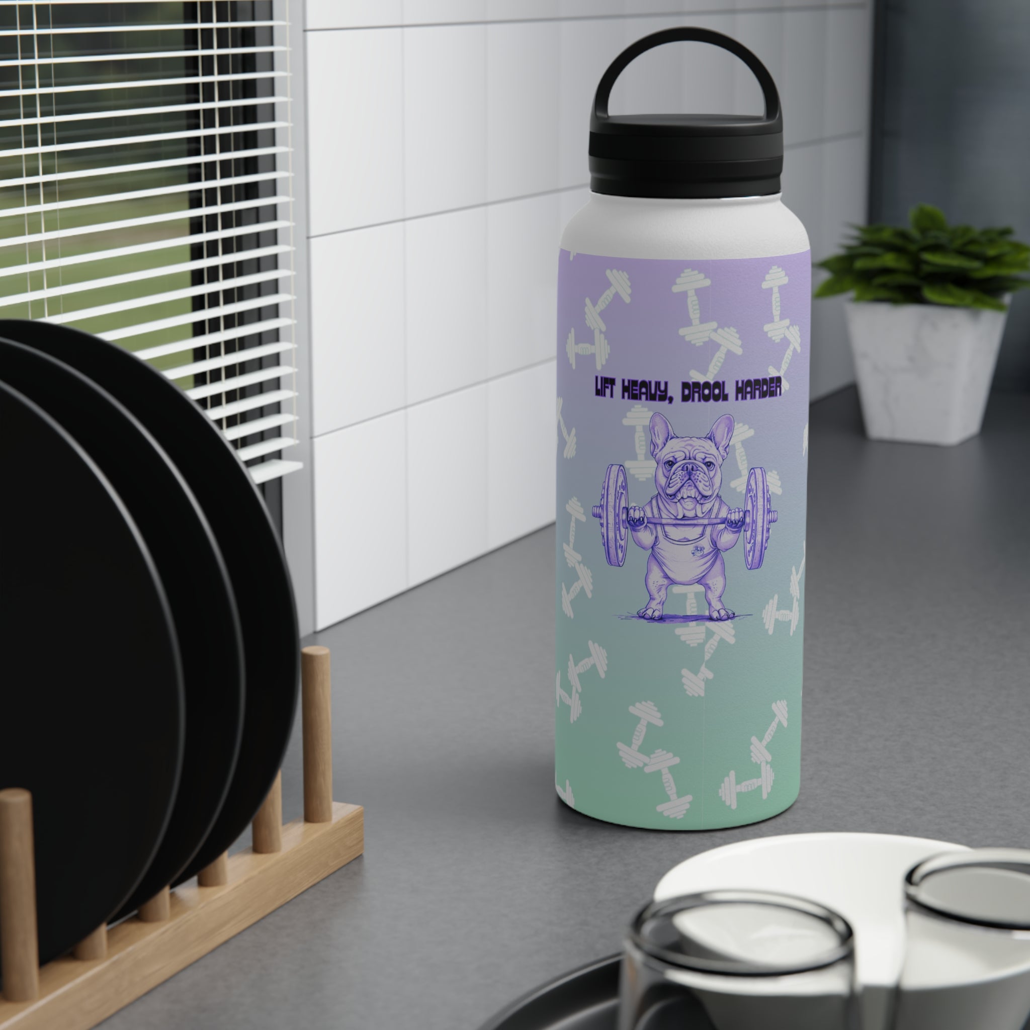 Tipsy Bully Ripped Bulldog Stainless Steel Water Bottle, Handle Lid (French/Purple)