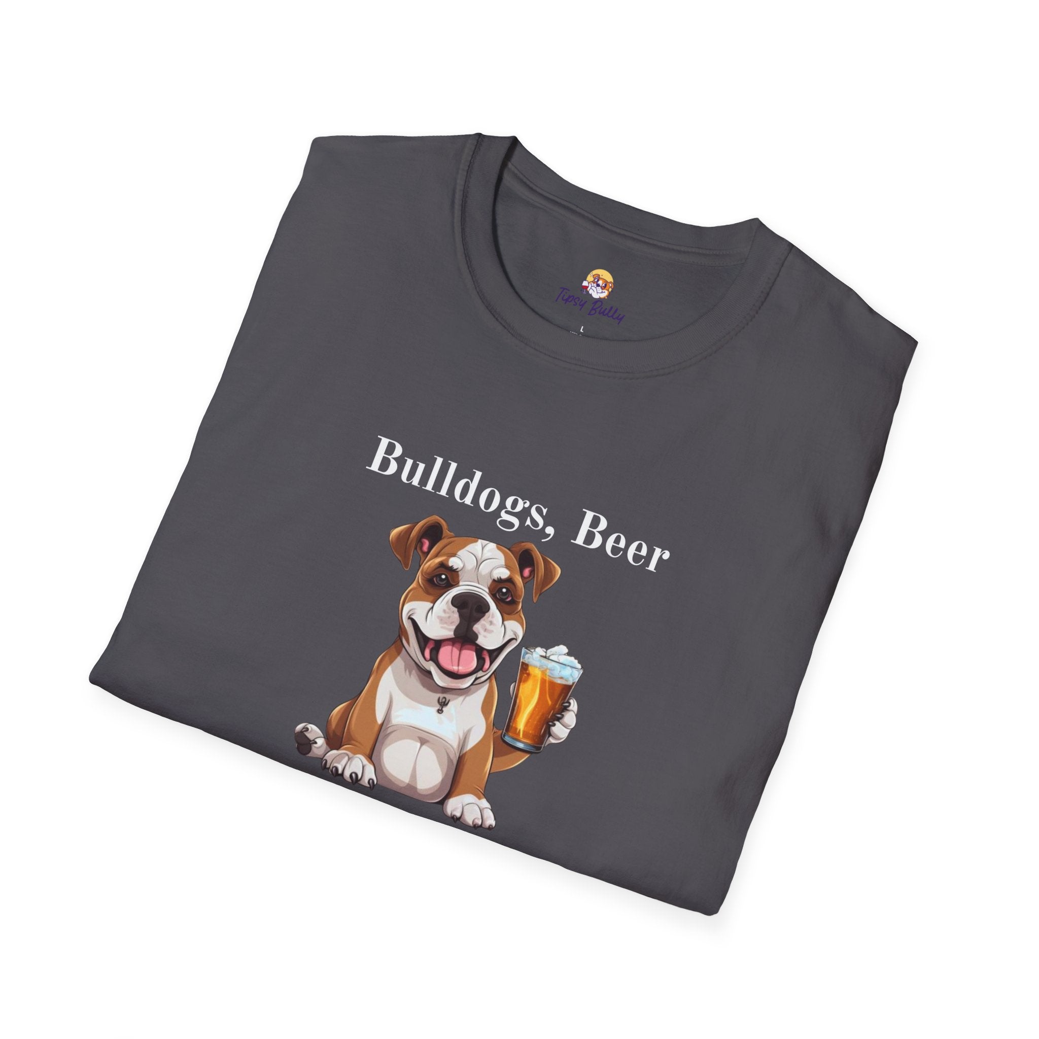 Bulldogs, Beer, and Bad Decisions" Unisex T-Shirt by Tipsy Bully (American/White)