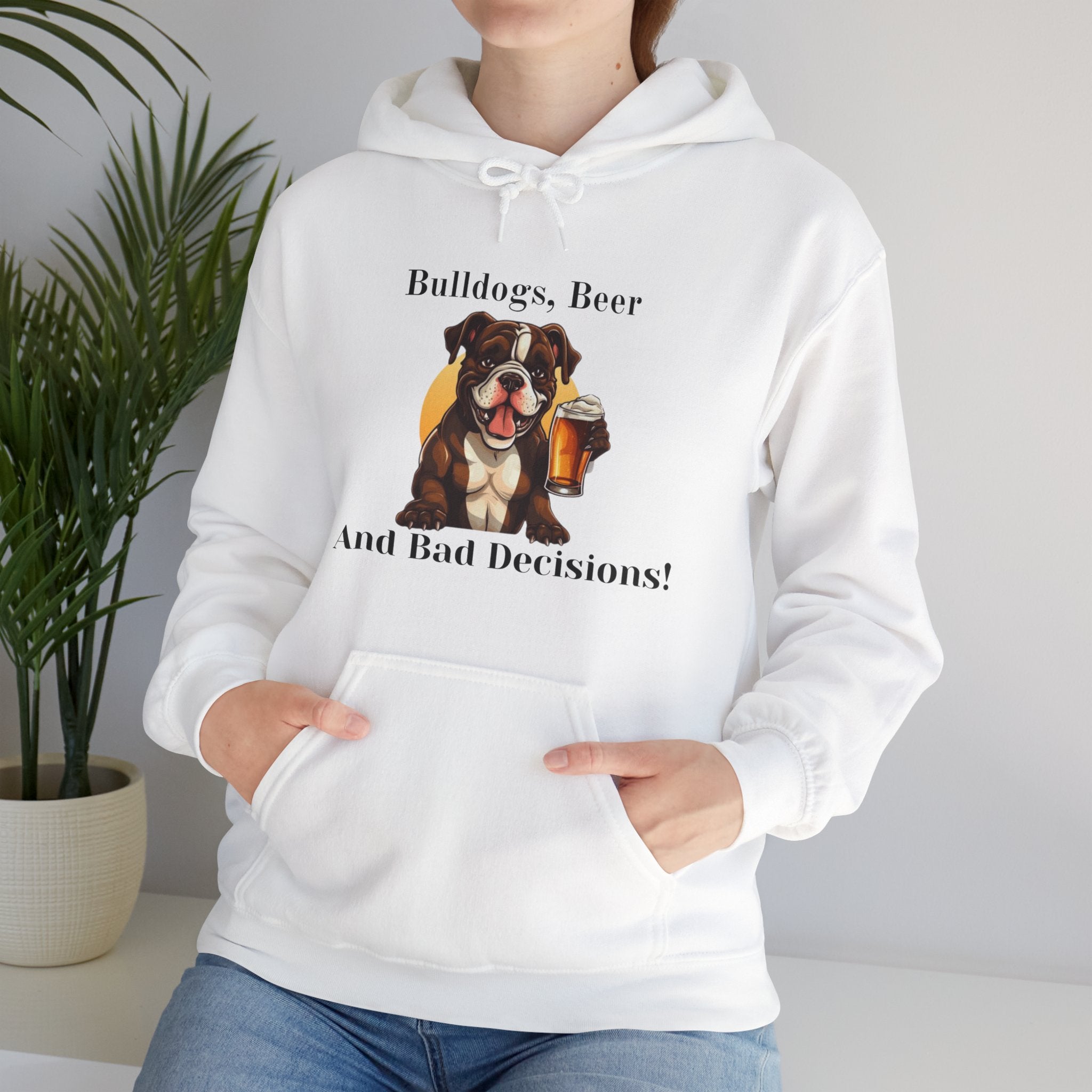 Bulldogs, Beer, and Bad Decisions" Hoodie - Your Go-To Gear for Mischievous Times! (American/Brown)