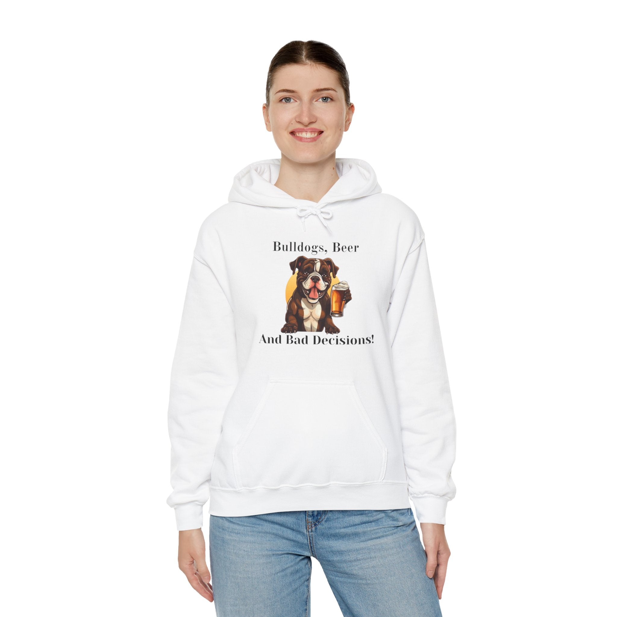 Bulldogs, Beer, and Bad Decisions" Hoodie - Your Go-To Gear for Mischievous Times! (American/Brown)