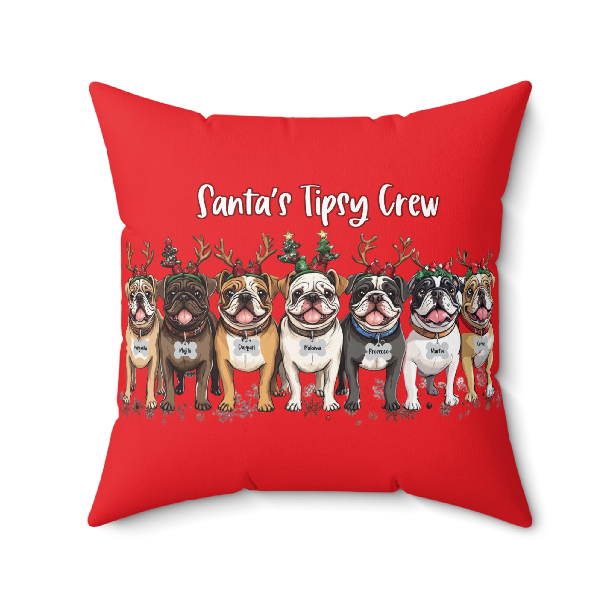 “Santa’s Tipsy Crew” Christmas pillow (red/English)