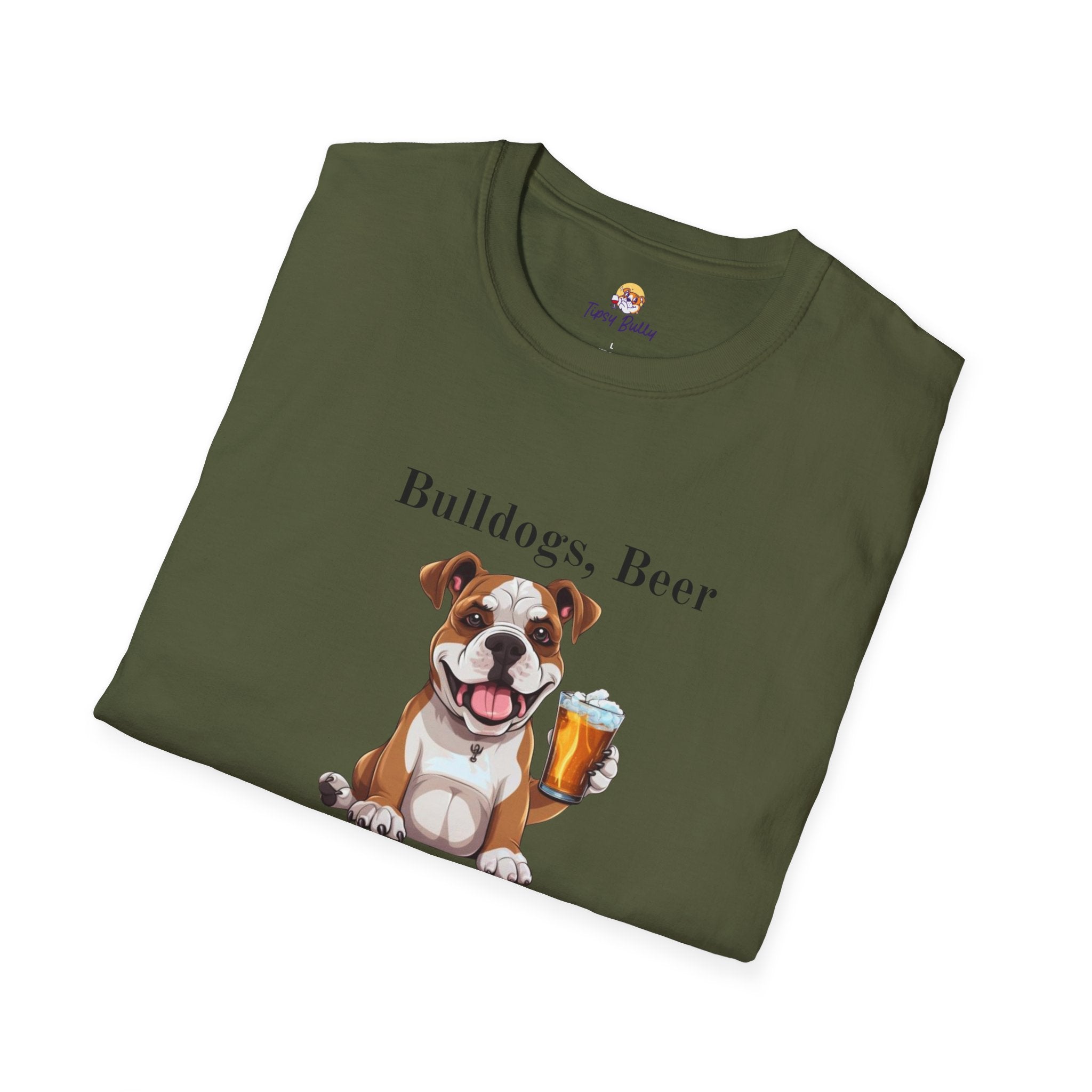 Bulldogs, Beer, and Bad Decisions" Unisex T-Shirt by Tipsy Bully (American/White)