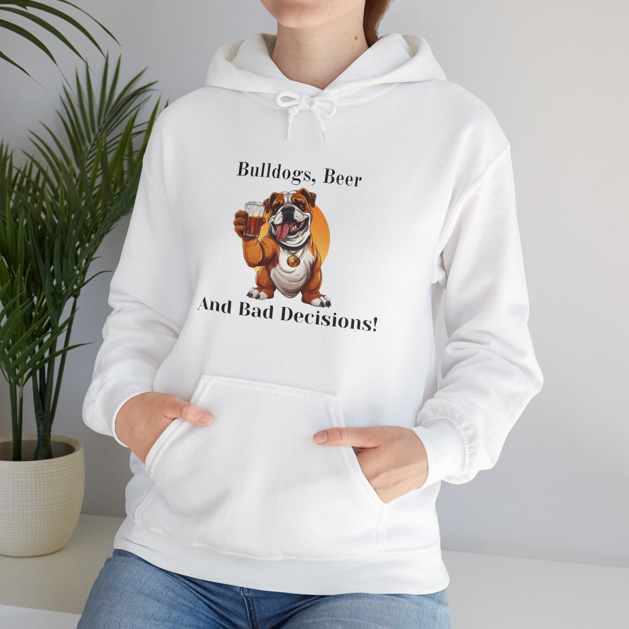 Bulldogs, Beer, and Bad Decisions" Hoodie - Your Go-To Gear for Mischievous Times! (English/Brown)