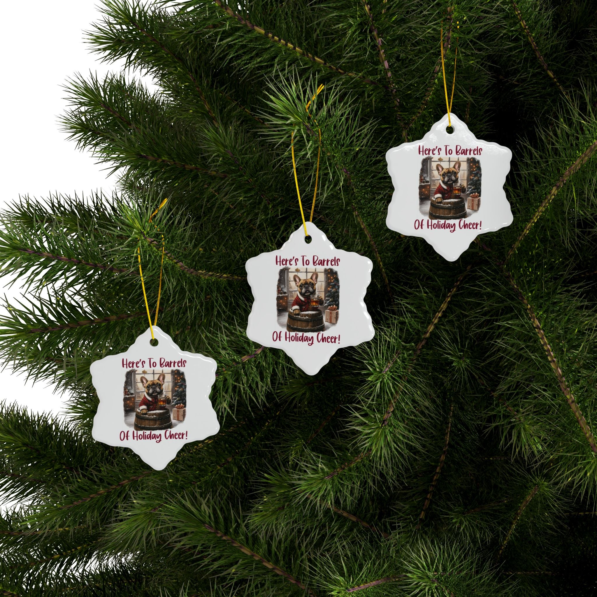 Here's to Barrels of Holiday Cheer Xmas Ornament option 12 - French Bulldog mom ornament | Tipsy Bully