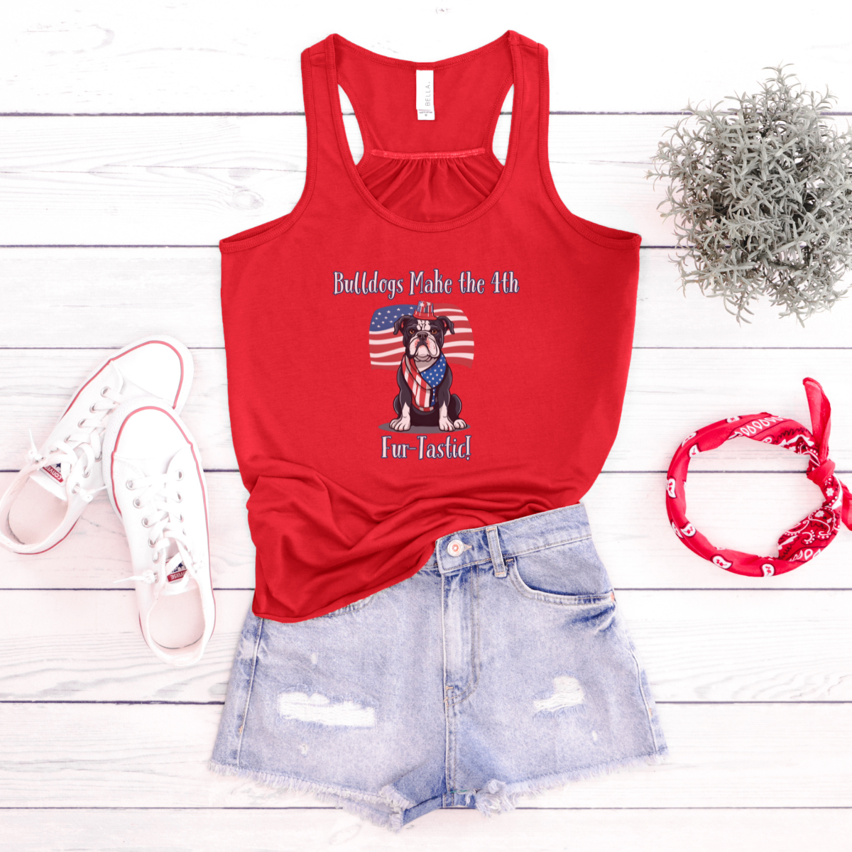 Bulldogs Make the 4th Fur-Tastic Flowy Racerback Tank (Black/English)