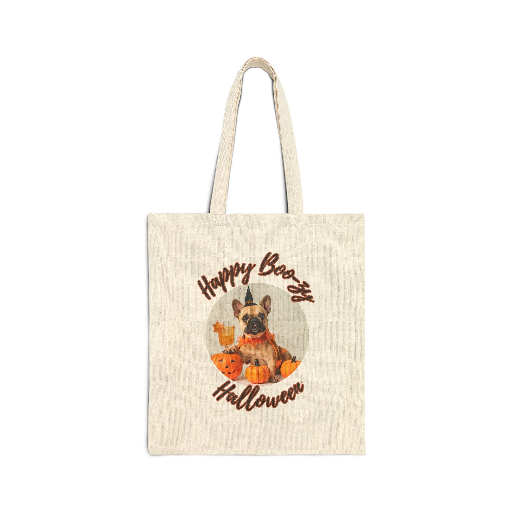 "Happy Boo-zy Halloween" Trick or Treat Canvas Tote Bag (Tan/French)