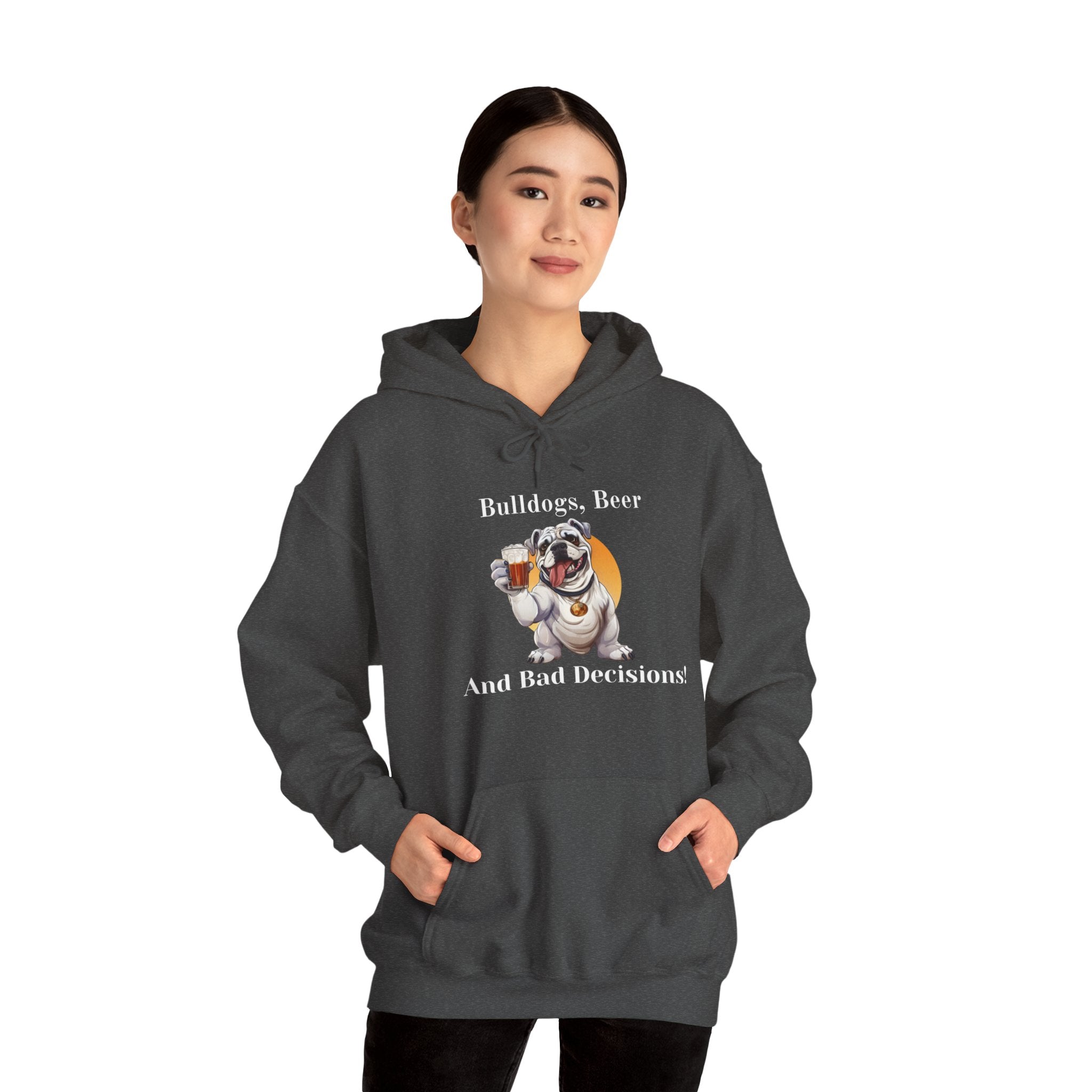 Bulldogs, Beer, and Bad Decisions" Hoodie - Your Go-To Gear for Mischievous Times! (English/White)