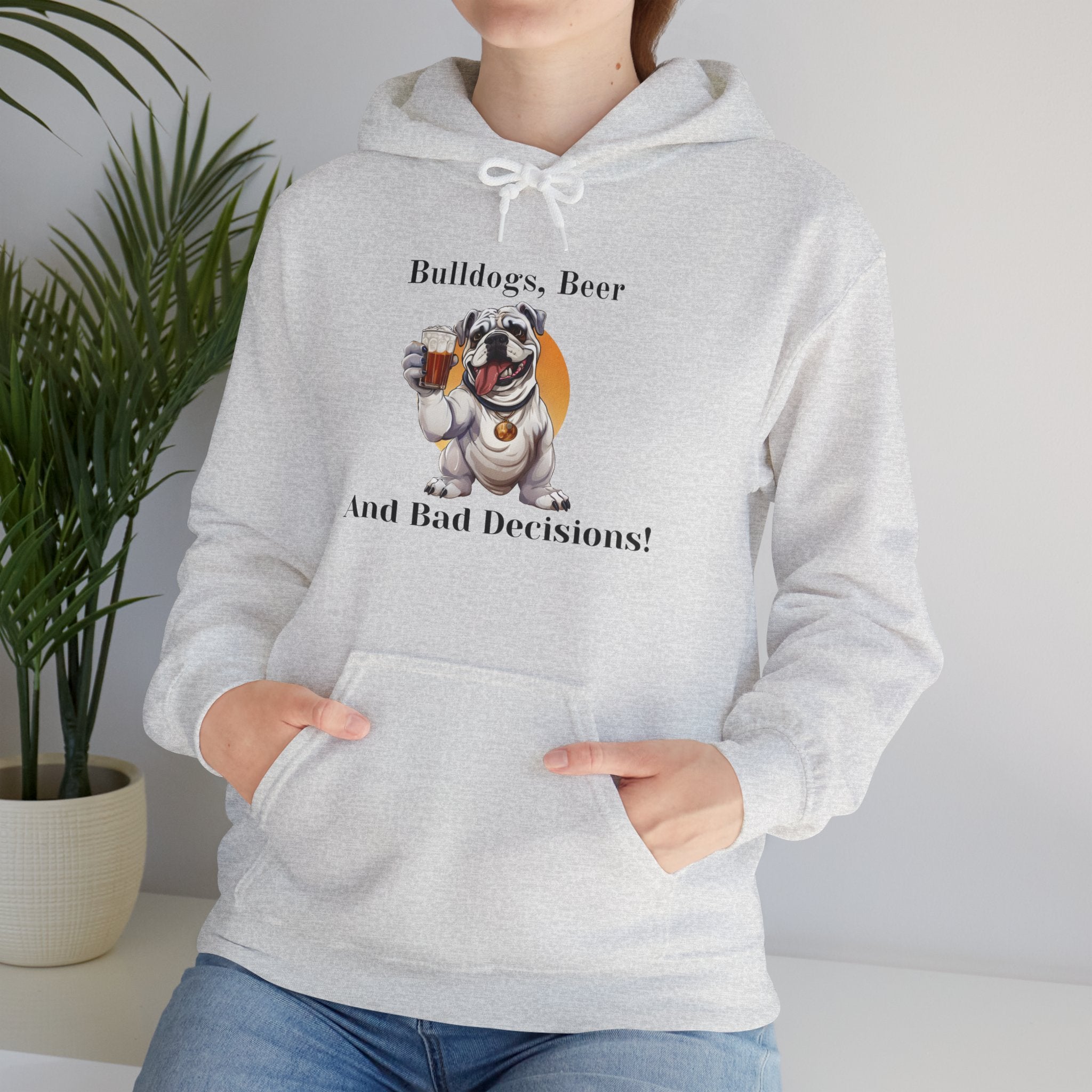 Bulldogs, Beer, and Bad Decisions" Hoodie - Your Go-To Gear for Mischievous Times! (English/White)
