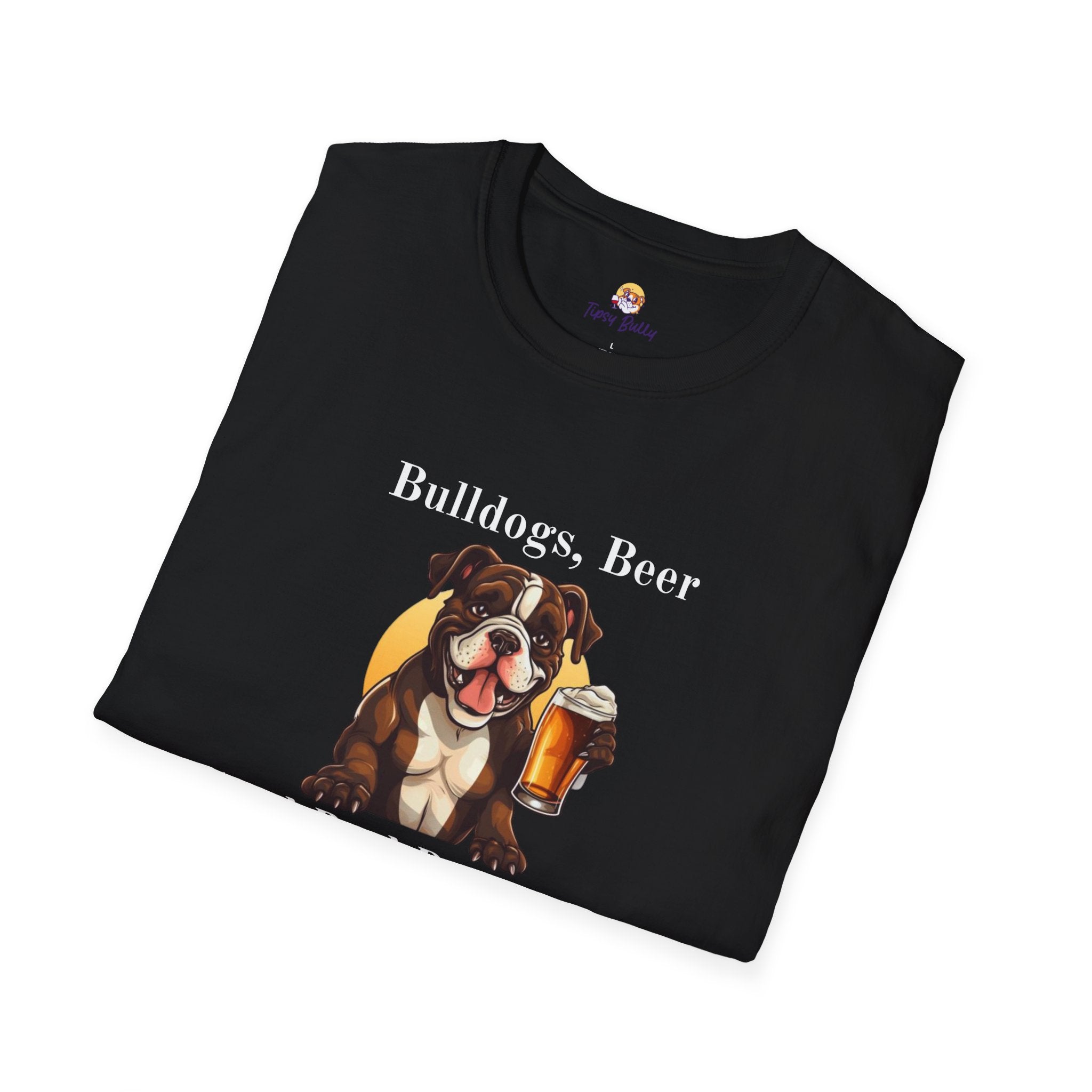 Bulldogs, Beer, and Bad Decisions" Unisex T-Shirt by Tipsy Bully (American/Brown)