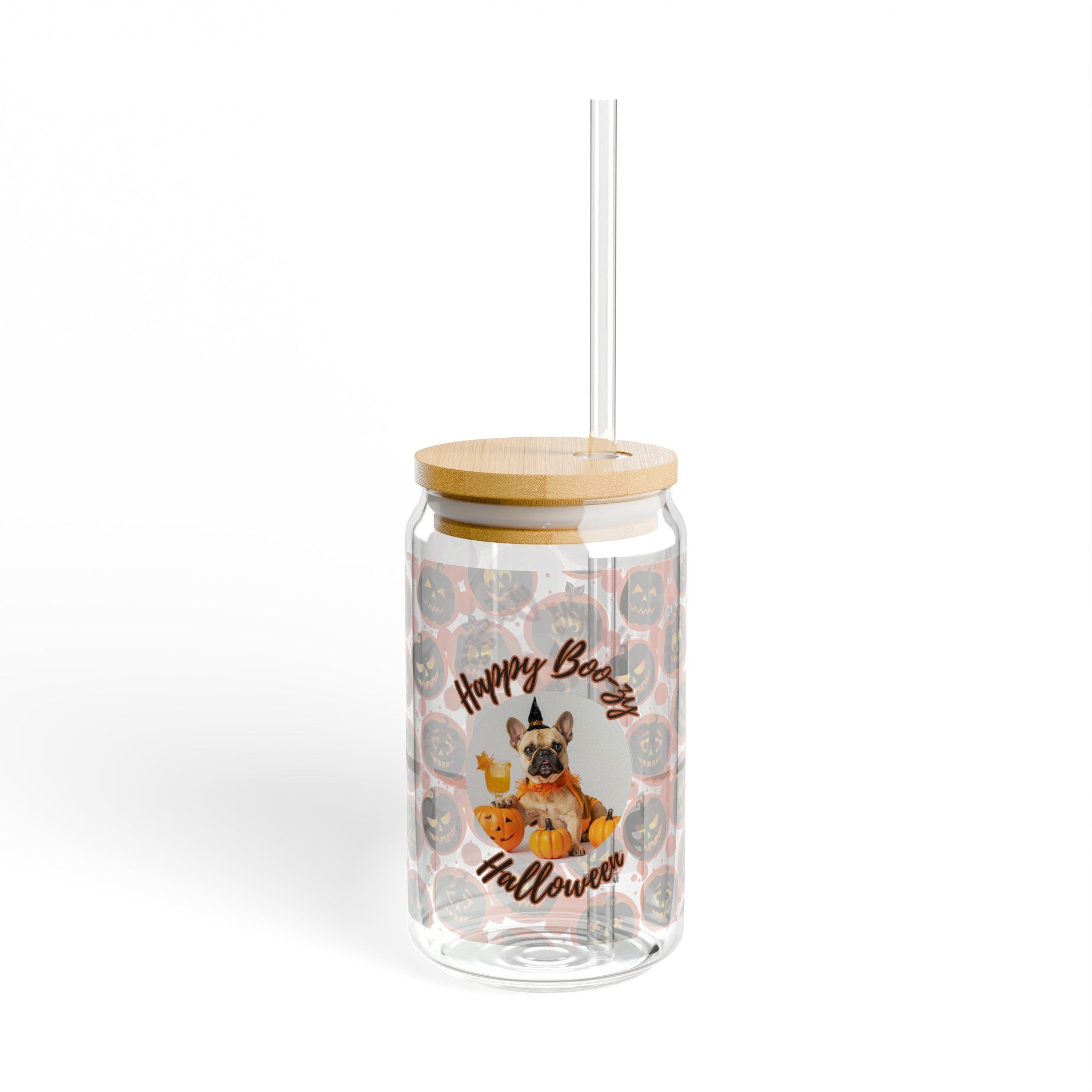 Halloween Sipper Glass: "Happy Boo-zy Halloween!" Edition (Tan/French)